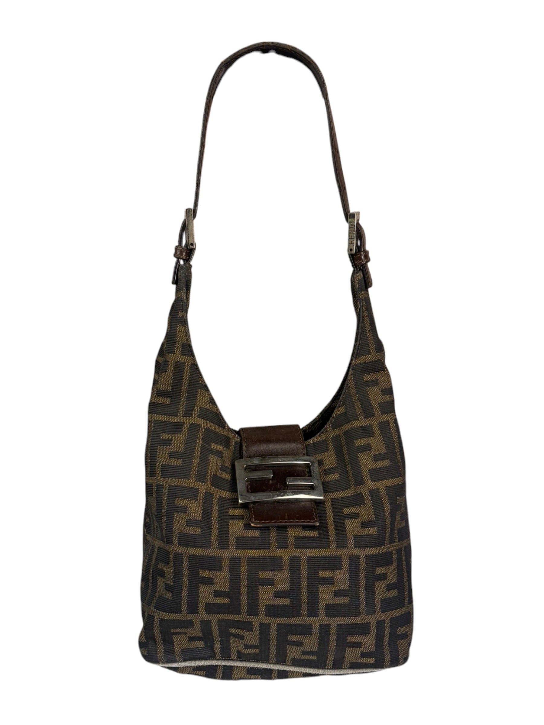 Fendi Brown Leather Trim Zucca Hobo Bag