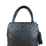 Chanel Black Chevron Quilted Tassel Fringe Tote 1992
