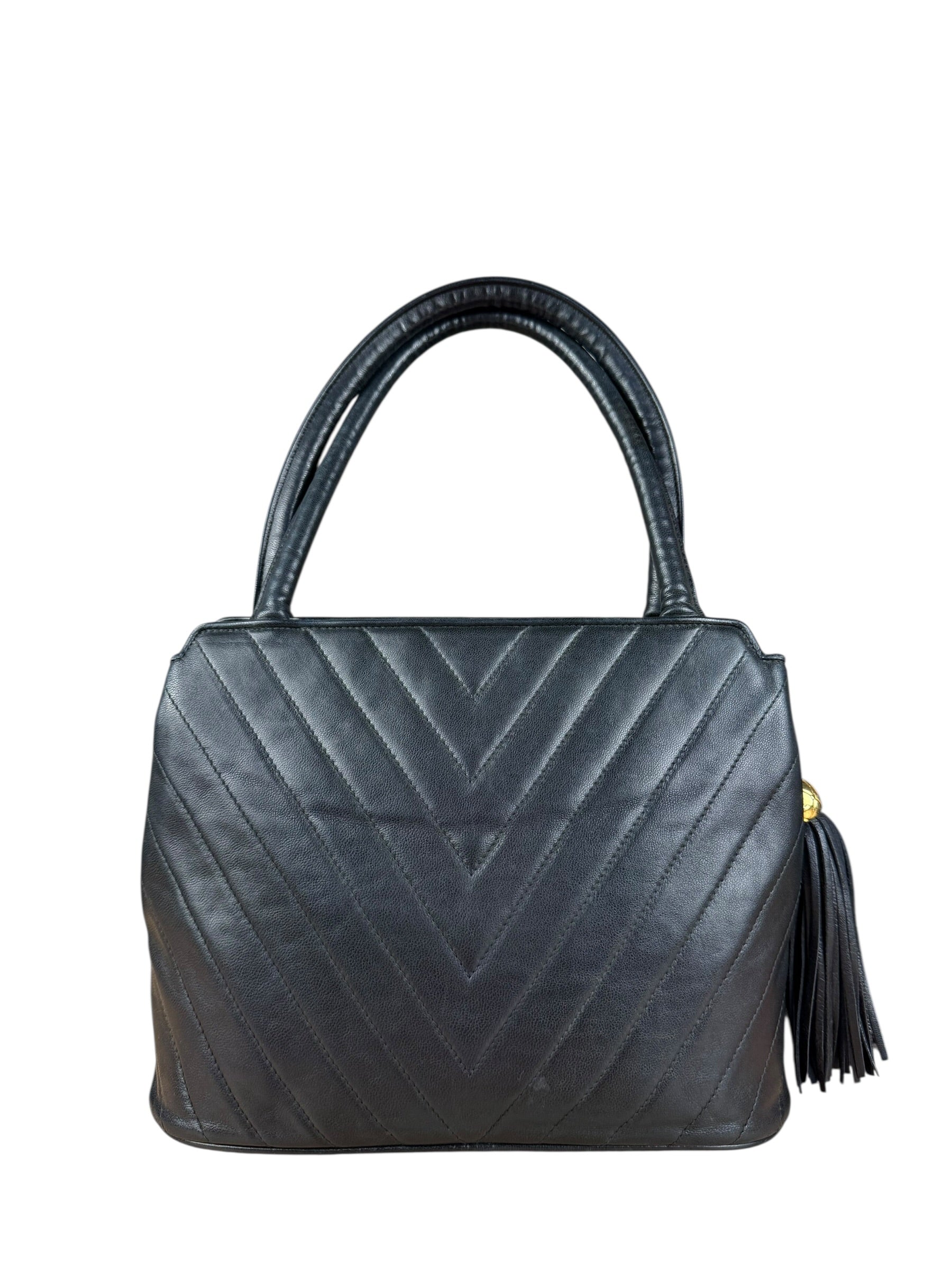 Chanel Black Chevron Quilted Tassel Fringe Tote 1992
