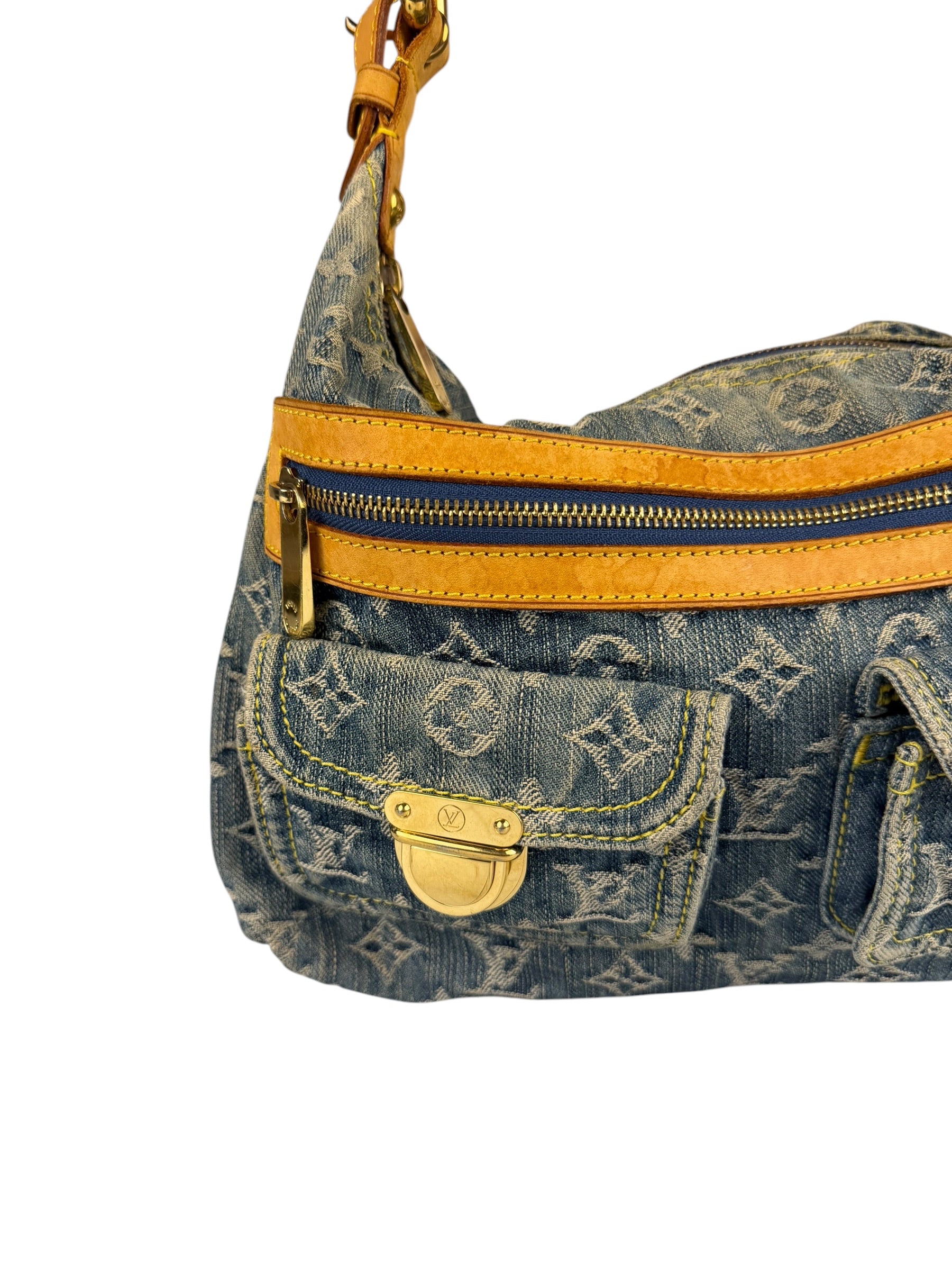 Louis Vuitton Vintage Denim Leather Trim Monogram Baggy Hobo Bag PM