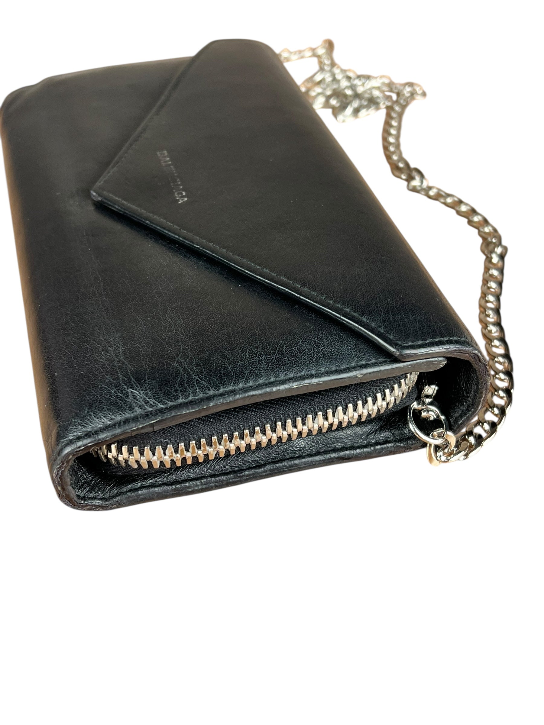 Balenciaga Black Leather Flap Wallet on Chain Bag