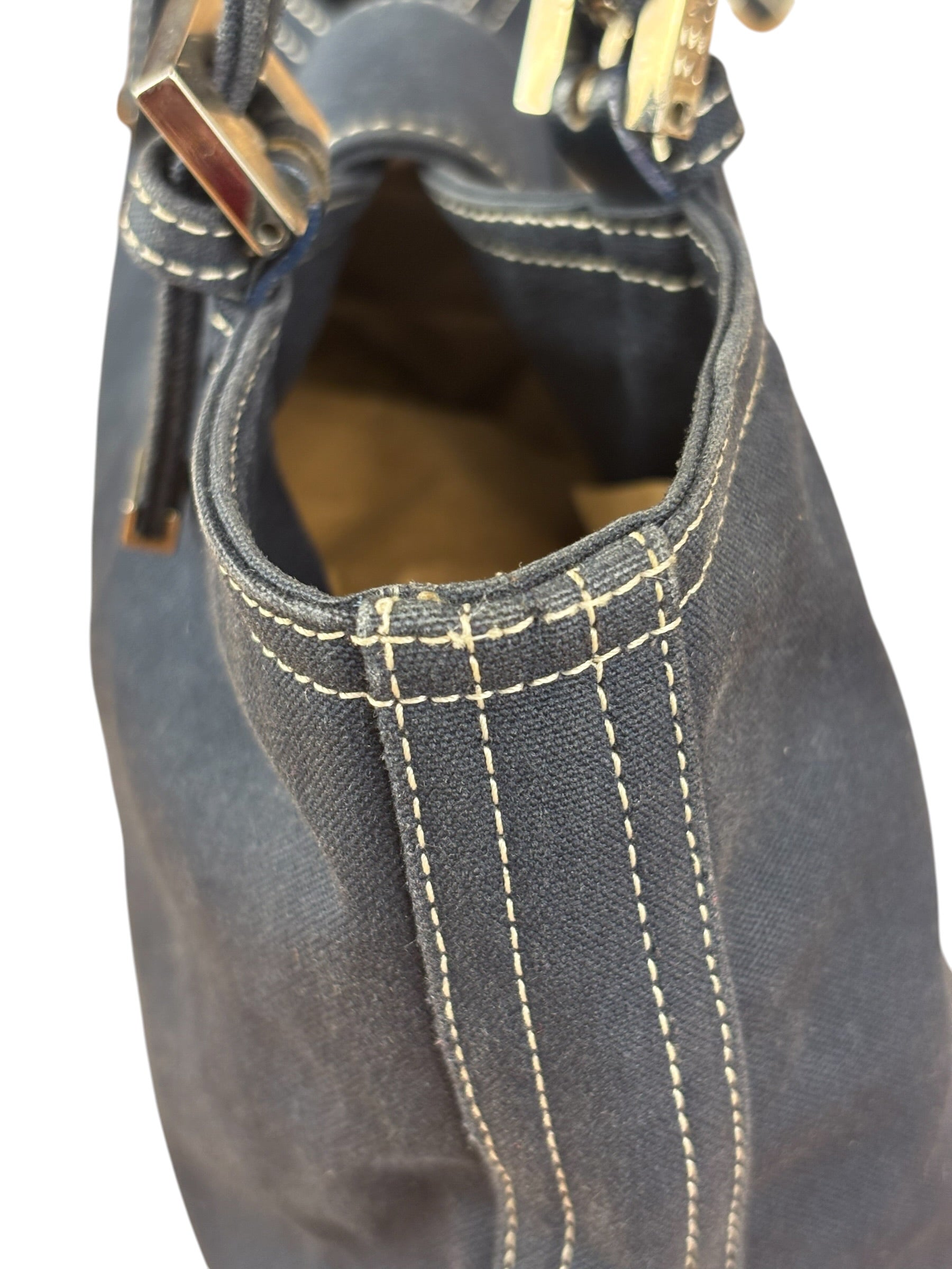 Fendi Vintage Navy Blue Leather Trim Mamma Baguette