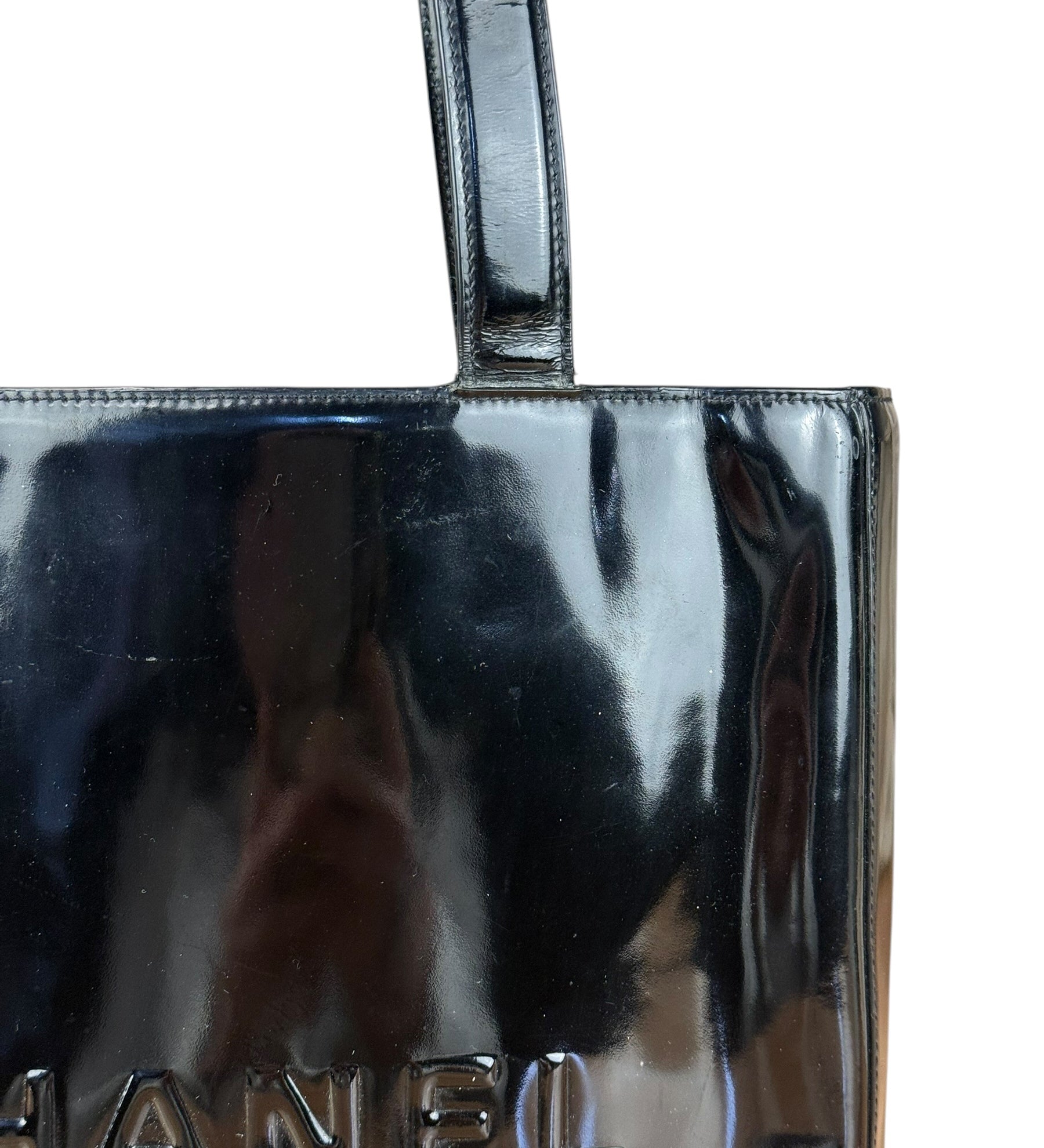 Chanel Vintage Black Patent Logo Shopping Tote