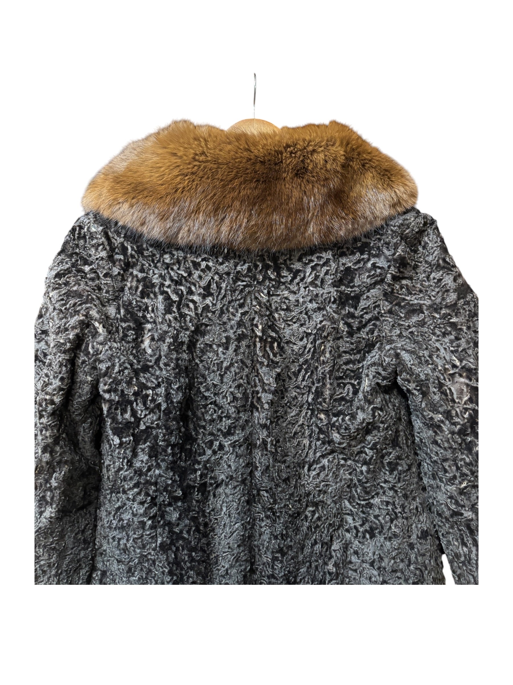 Vintage Brown Fox Fur Collar Persian Lamb Long Coat