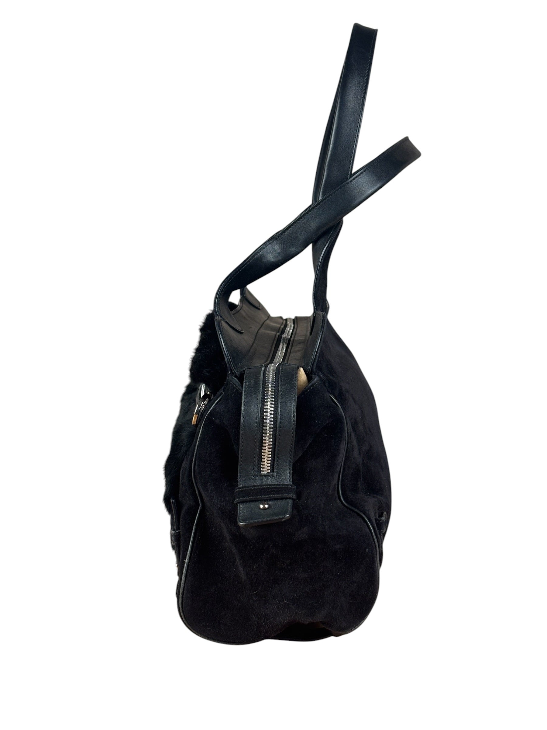 Salvatore Ferragamo Black Rabbit Fur Leather Trim Shoulder Bag