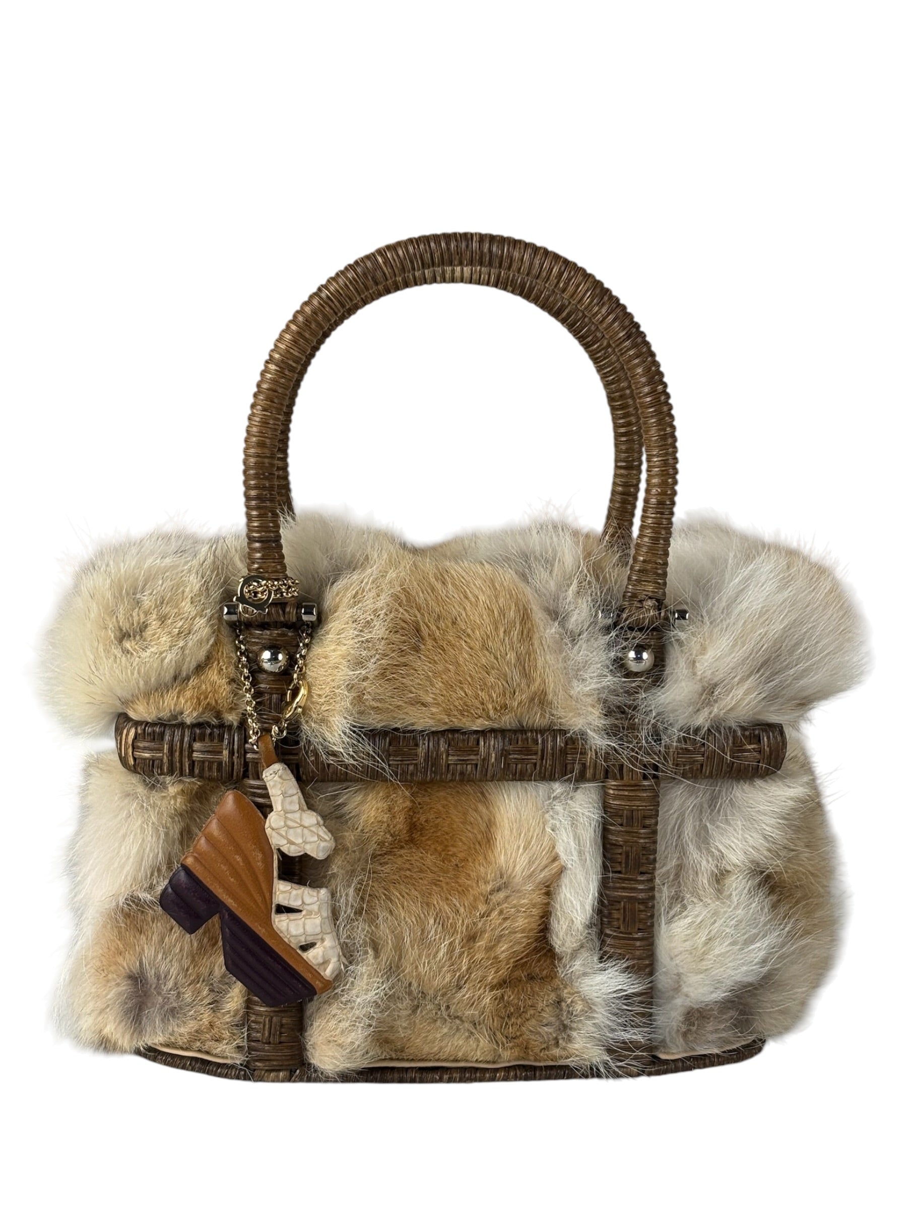 Ferragamo Vintage Fur Rattan Top Handle Bag
