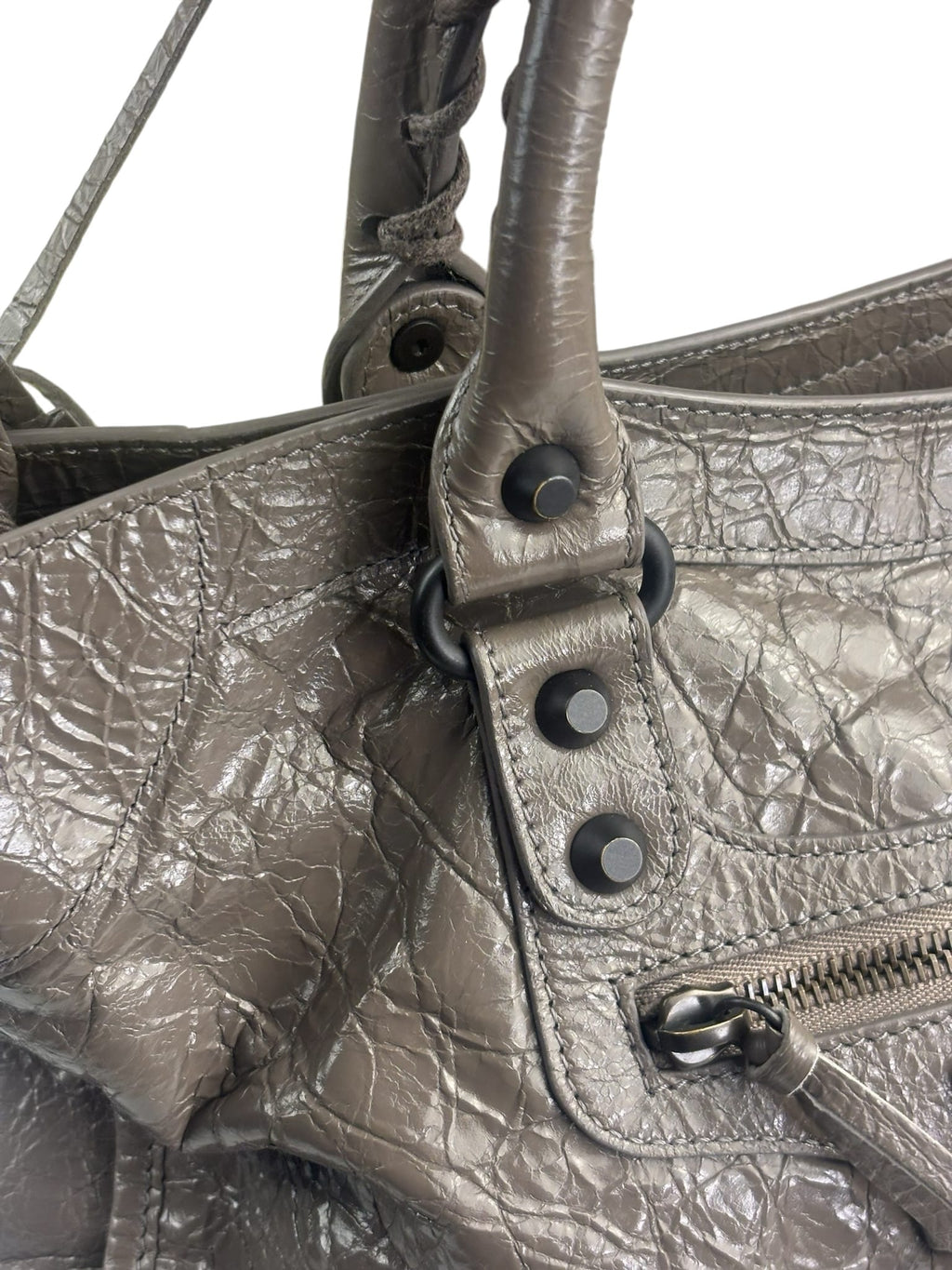 Balenciaga Stone Grey Patent Leather Moto Work Two-Way Bag