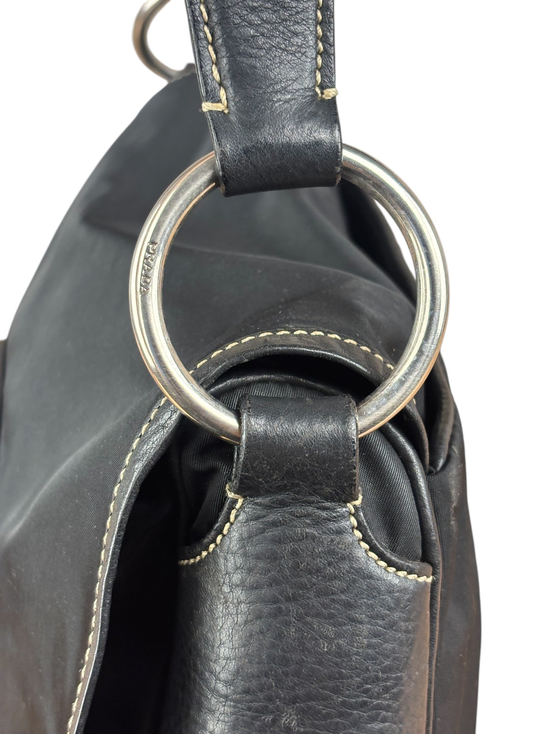 Damaged Prada Vintage Black Tessuto Nylon Leather Trim Saddle Flap Shoulder Bag