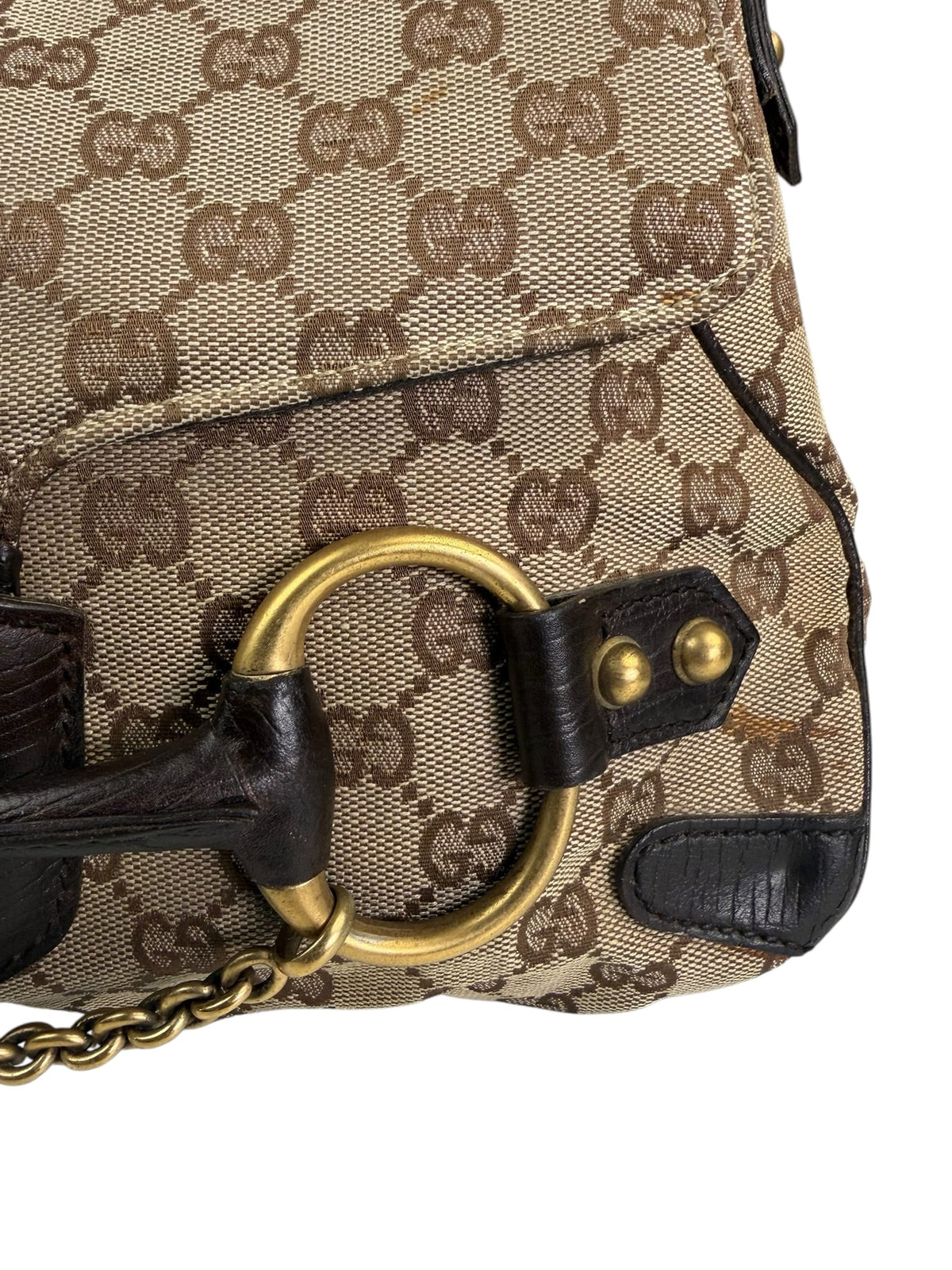 Gucci Brown Leather Trim GG Horsebit Chain Shoulder Bag