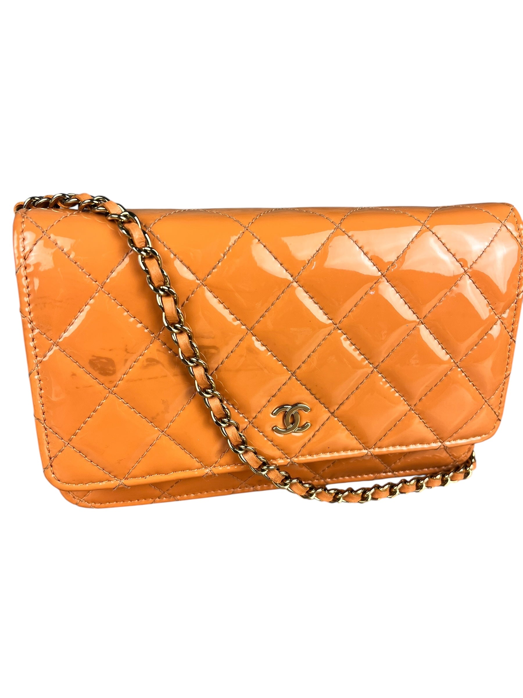 Chanel Orange Patent Leather Flap Wallet on Chain Bag