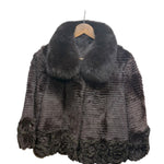 Vintage Brown Fox Fur Trim Vertical Stripped Sheared Beaver Flowers Boarder Coat