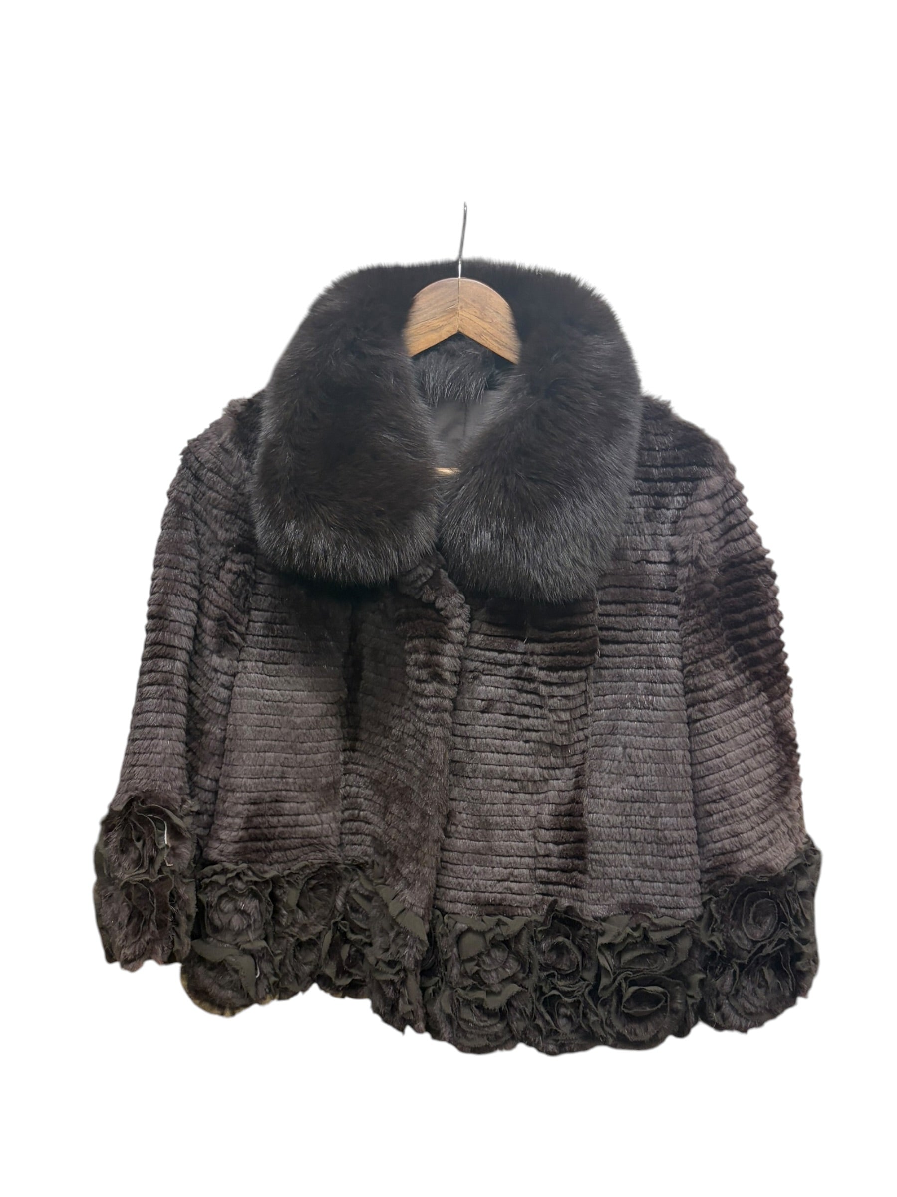 Vintage Brown Fox Fur Trim Vertical Stripped Sheared Beaver Flowers Boarder Coat