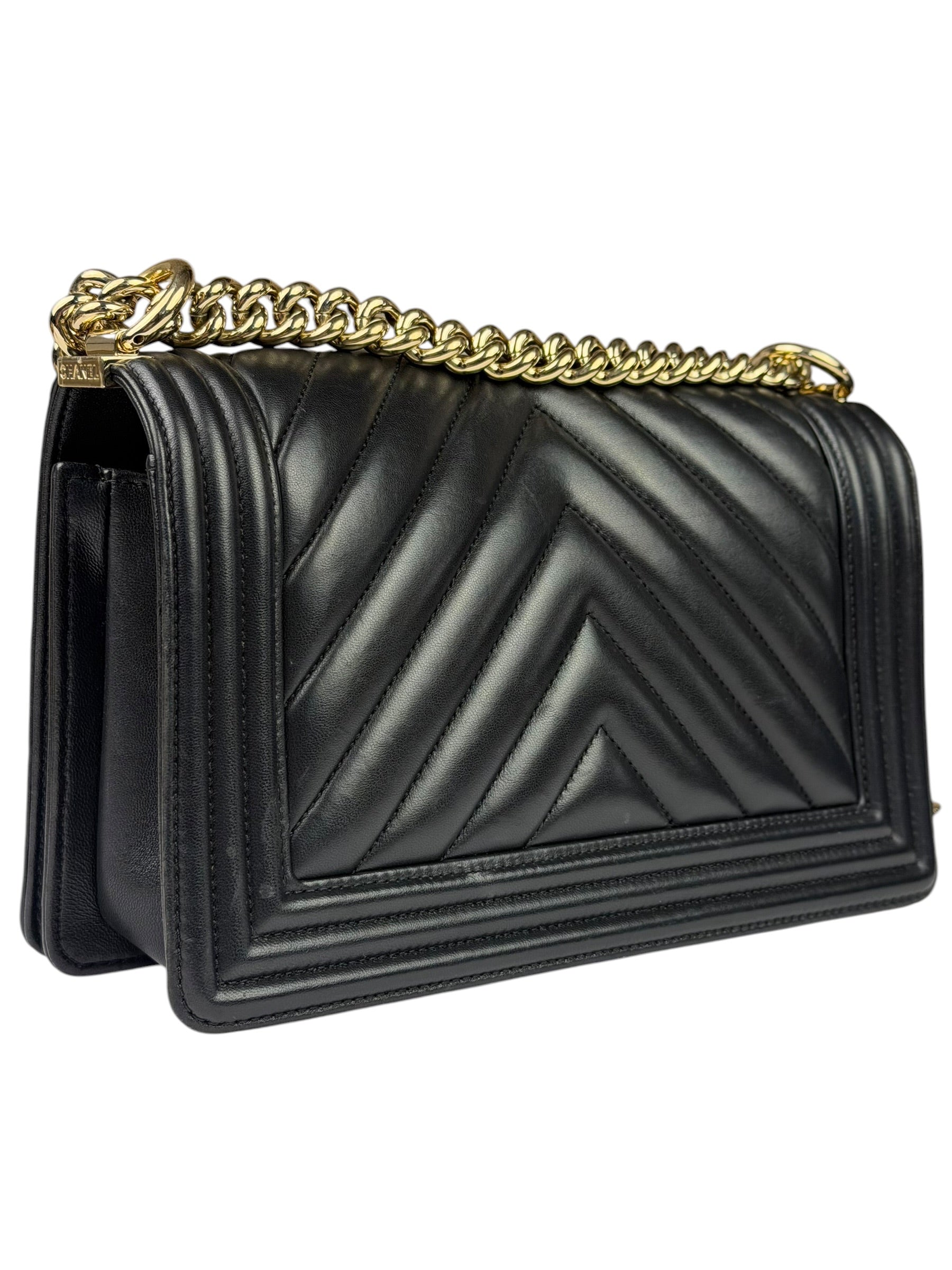 Chanel Black Chevron Leather Boy Medium Flap Bag 2017