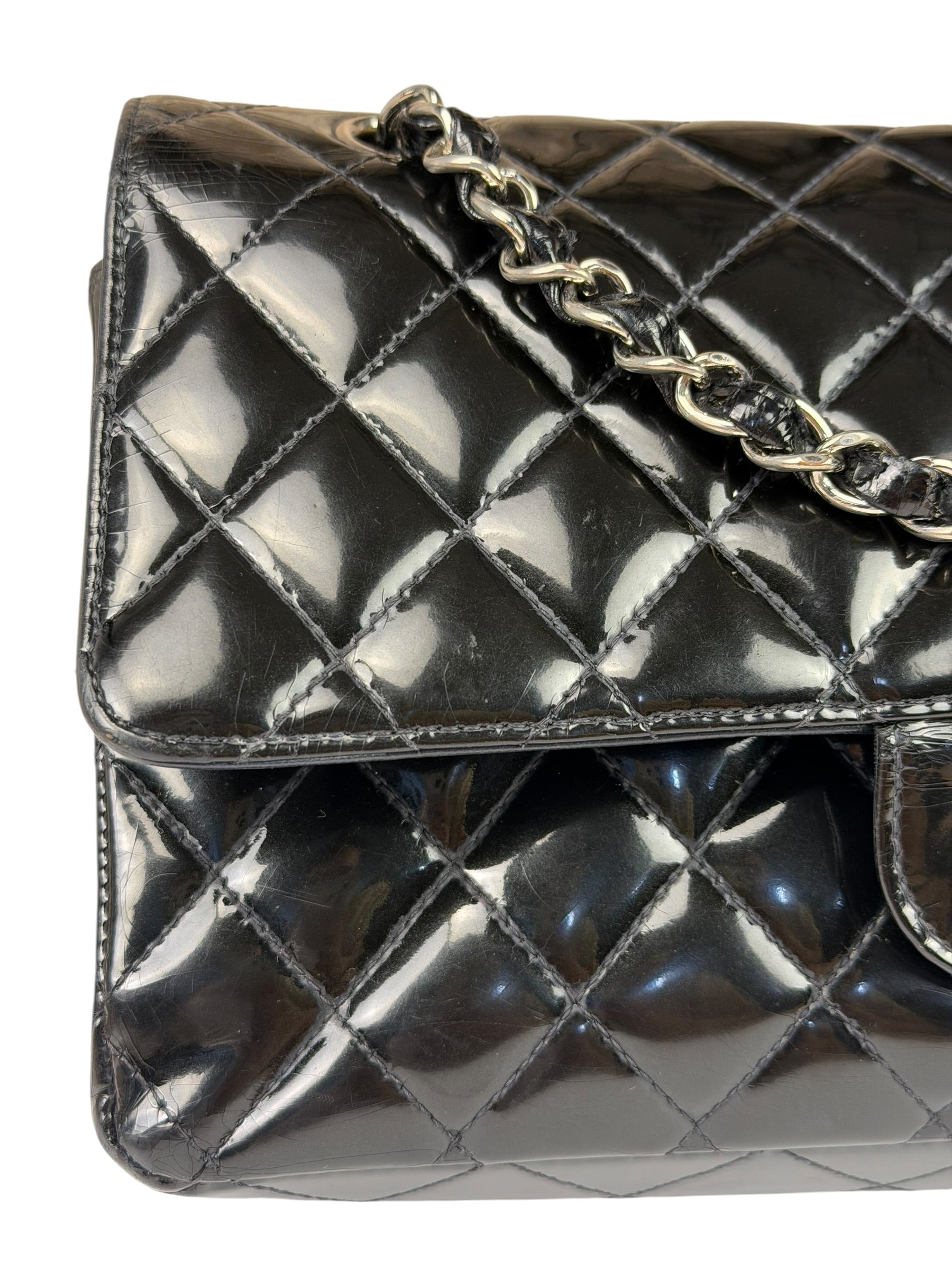 Chanel Black Patent Quilted Leather Double Flap Bag