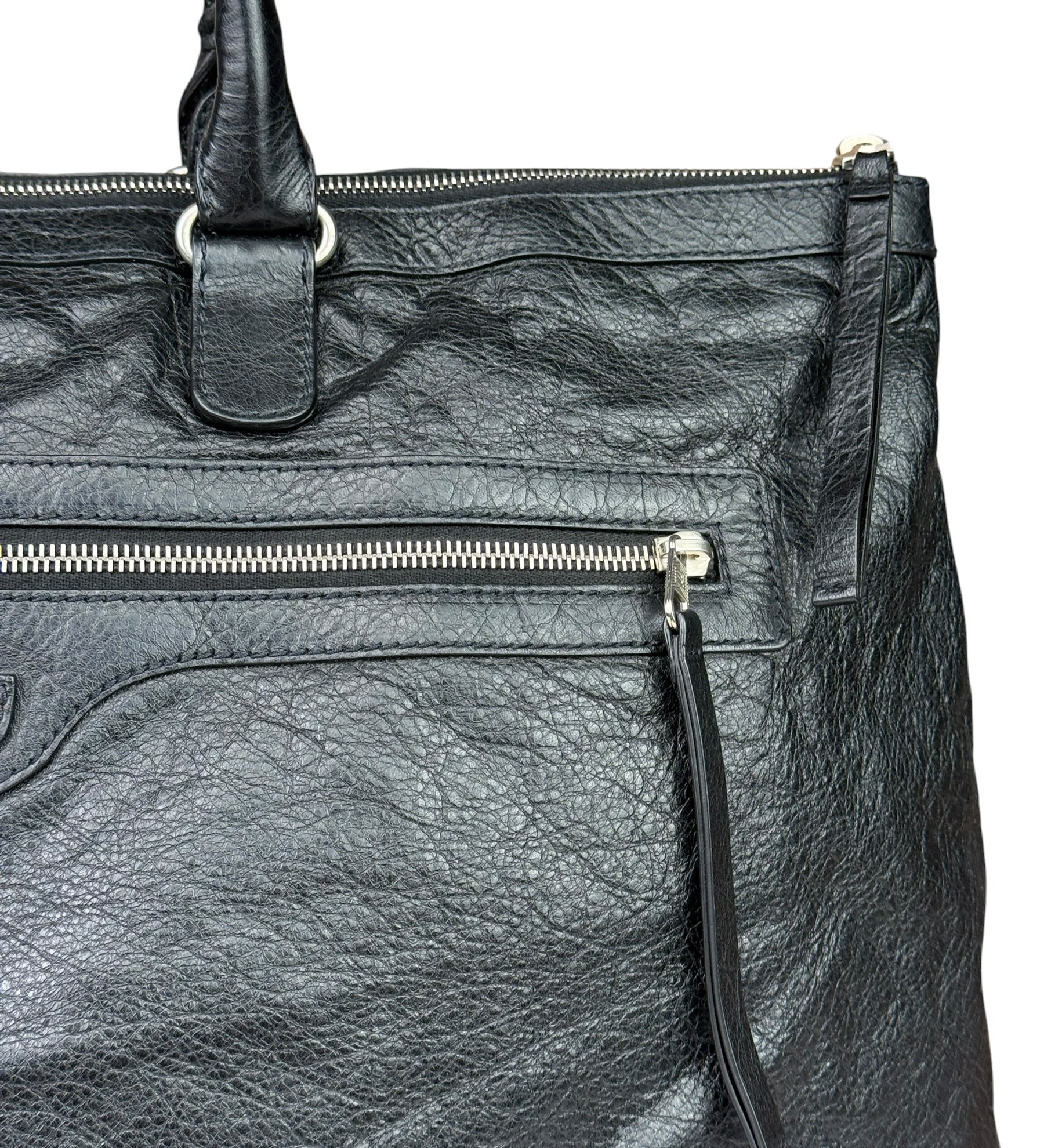 Balenciaga Black Leather Moto Bridge Zip Overnight Tote