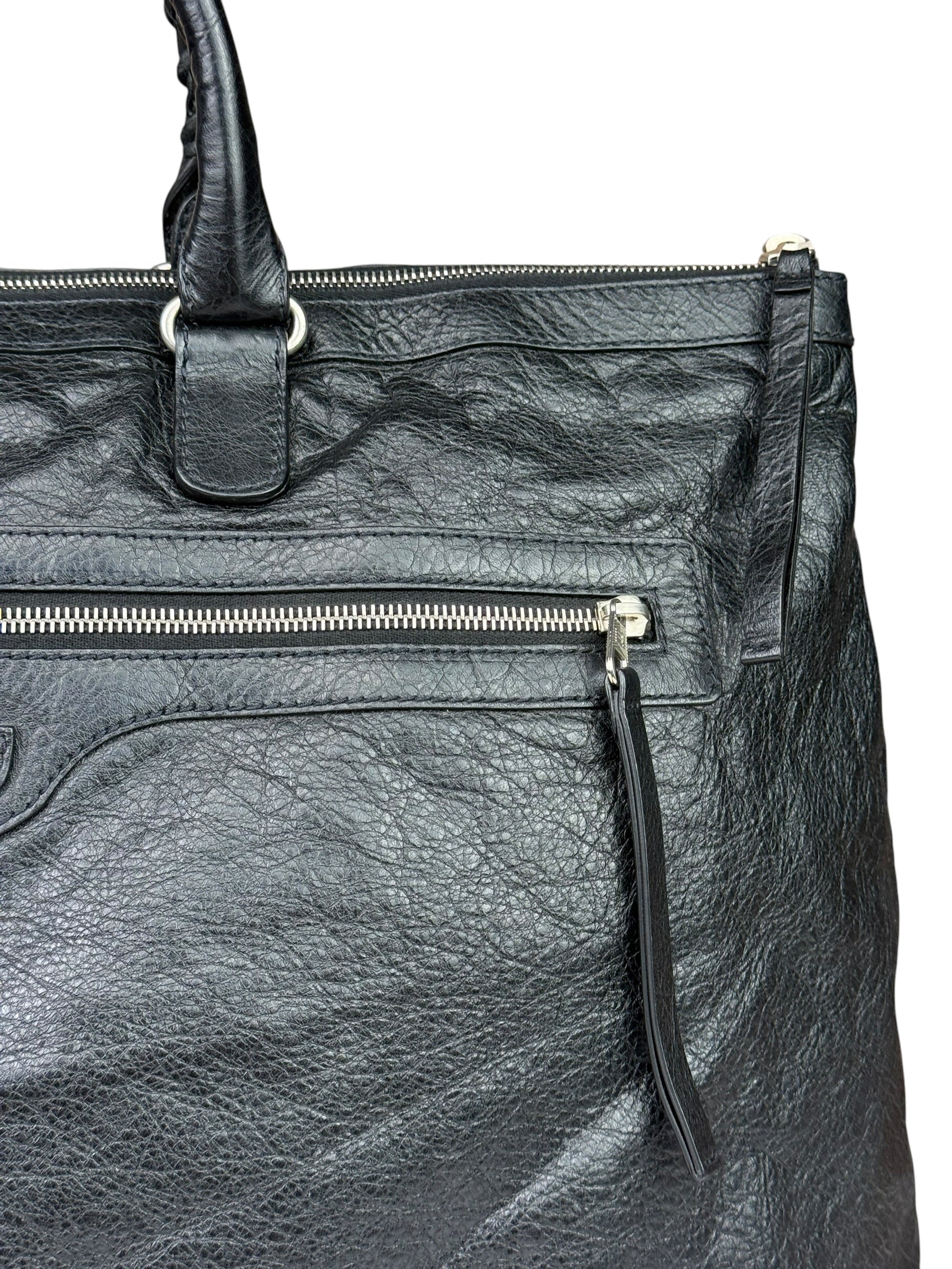 Balenciaga Black Leather Moto Bridge Zip Overnight Tote