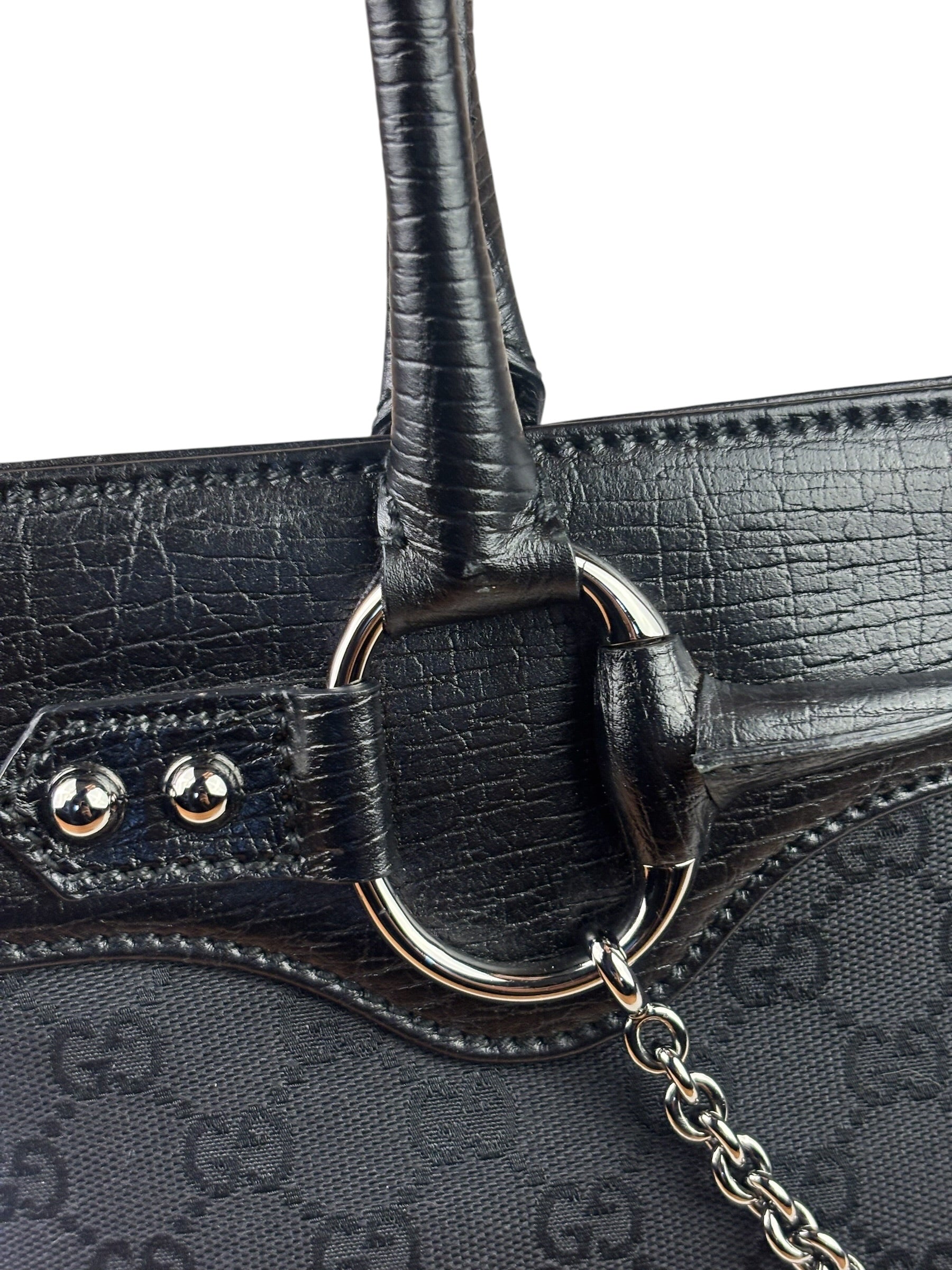 Gucci Black Leather Trim GG Horsebit Chain Shoulder Bag