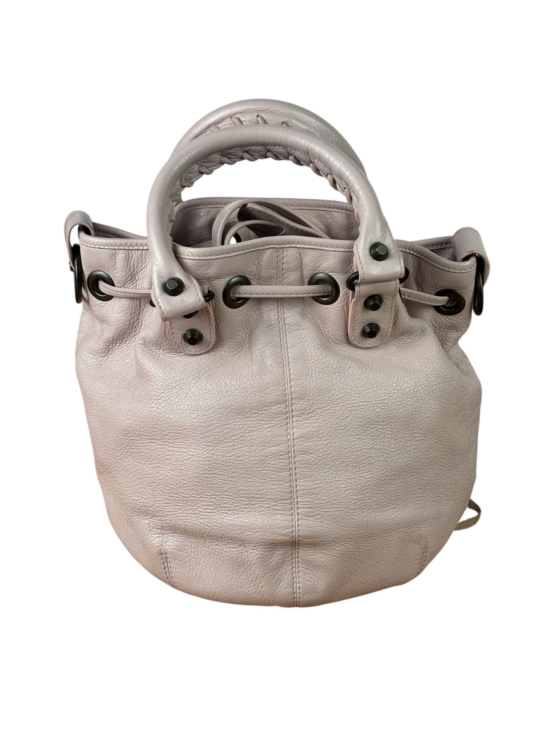 Balenciaga Baby Pink Leather Pompon Moto City 2Way Bucket Bag