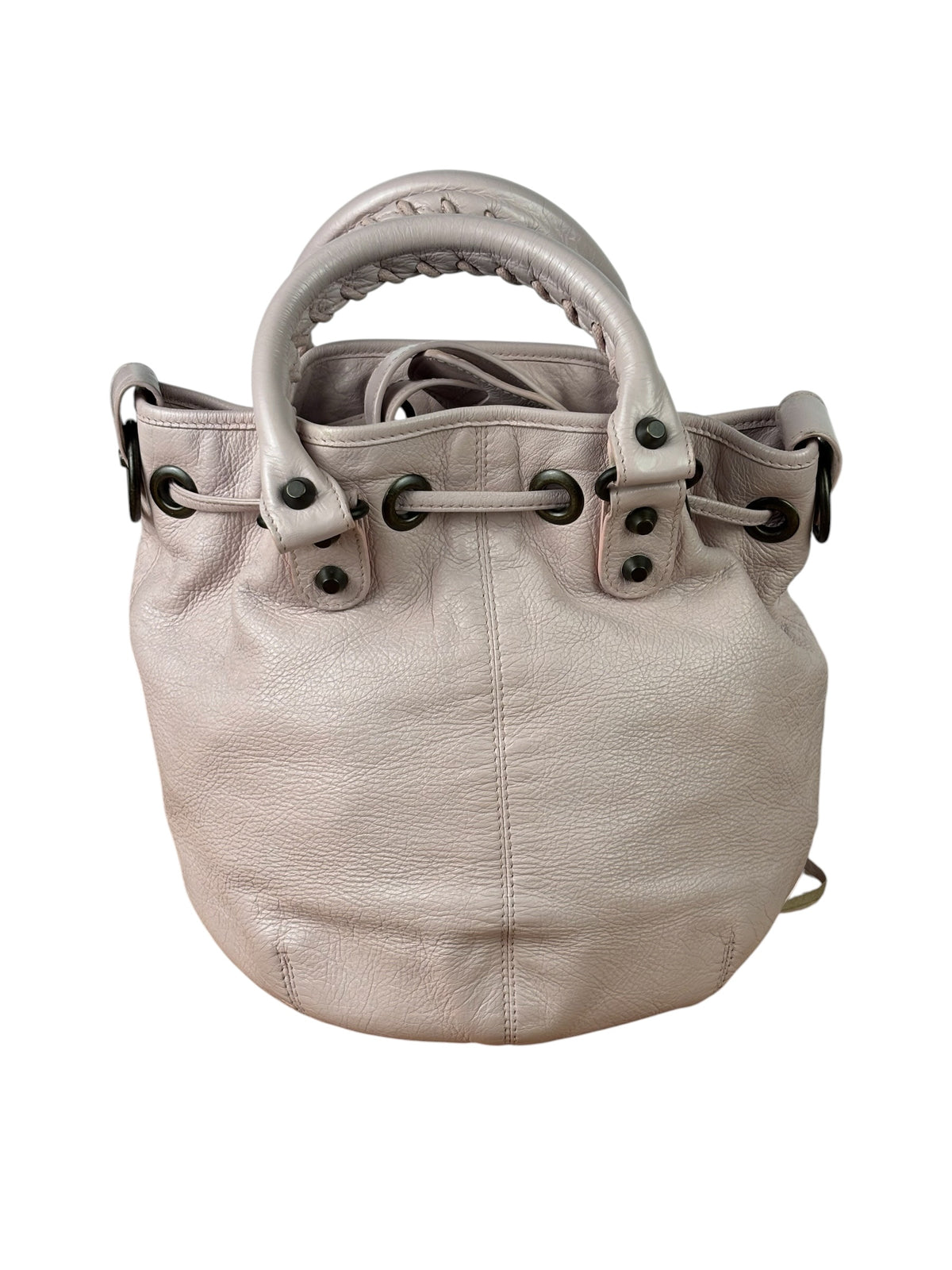 Balenciaga Baby Pink Leather Pompon Moto City 2Way Bucket Bag