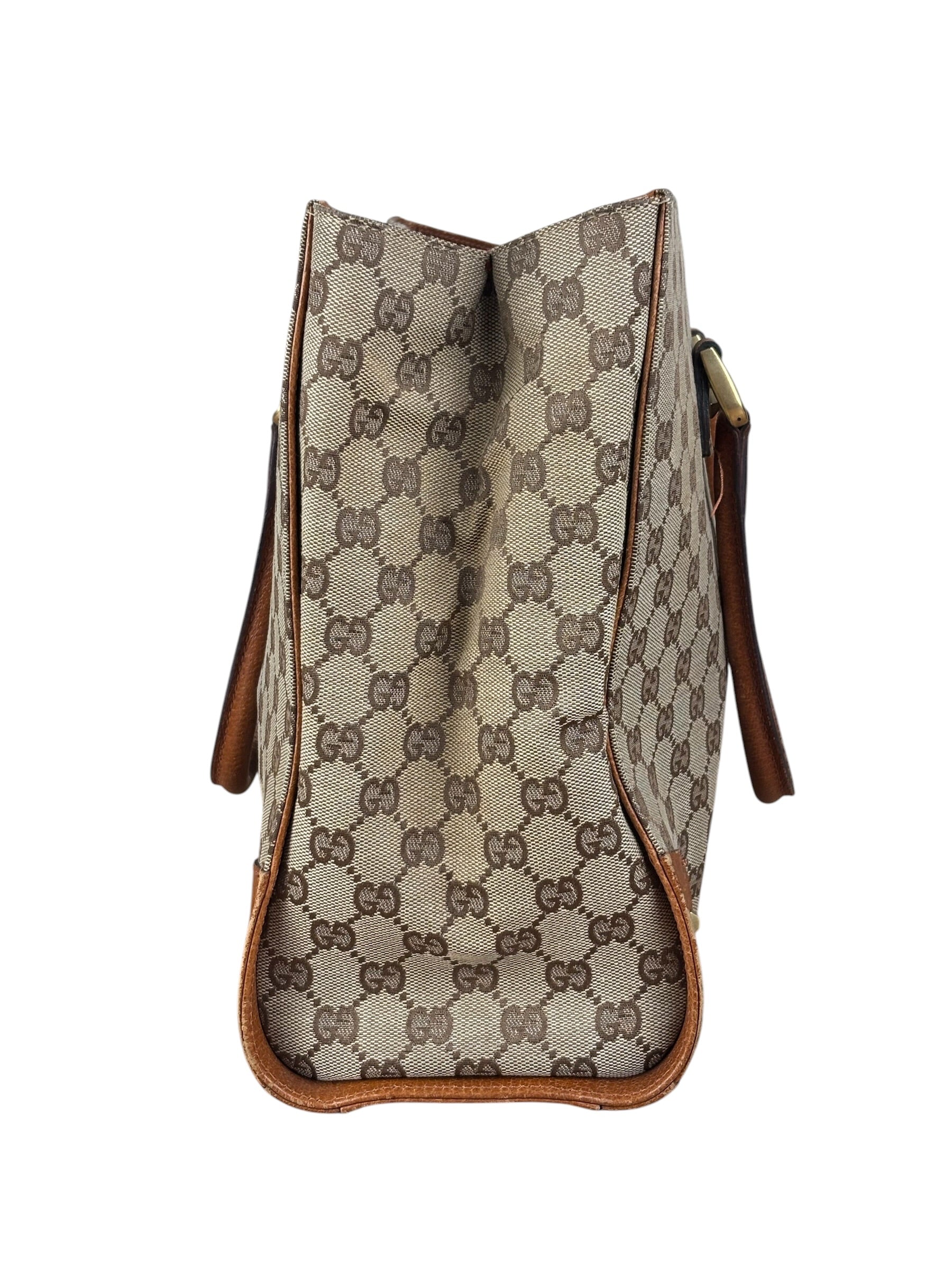 Gucci GG Brown Leather Trim Canvas Monogram Tote Bag
