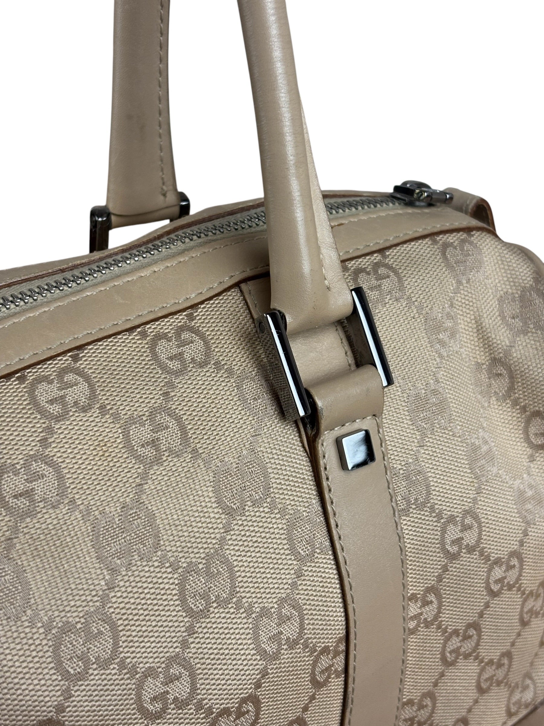 Gucci GG Beige Leather Trim Guccissima Small Boston Bag