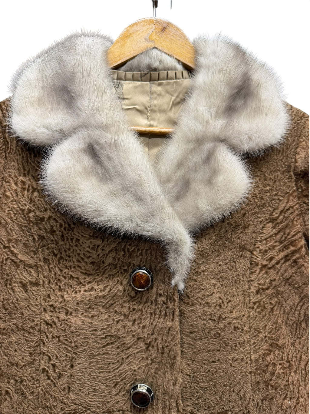 Vintage Glycine Brown Persian Lamb Mink Fur Trim Mid-Length Coat