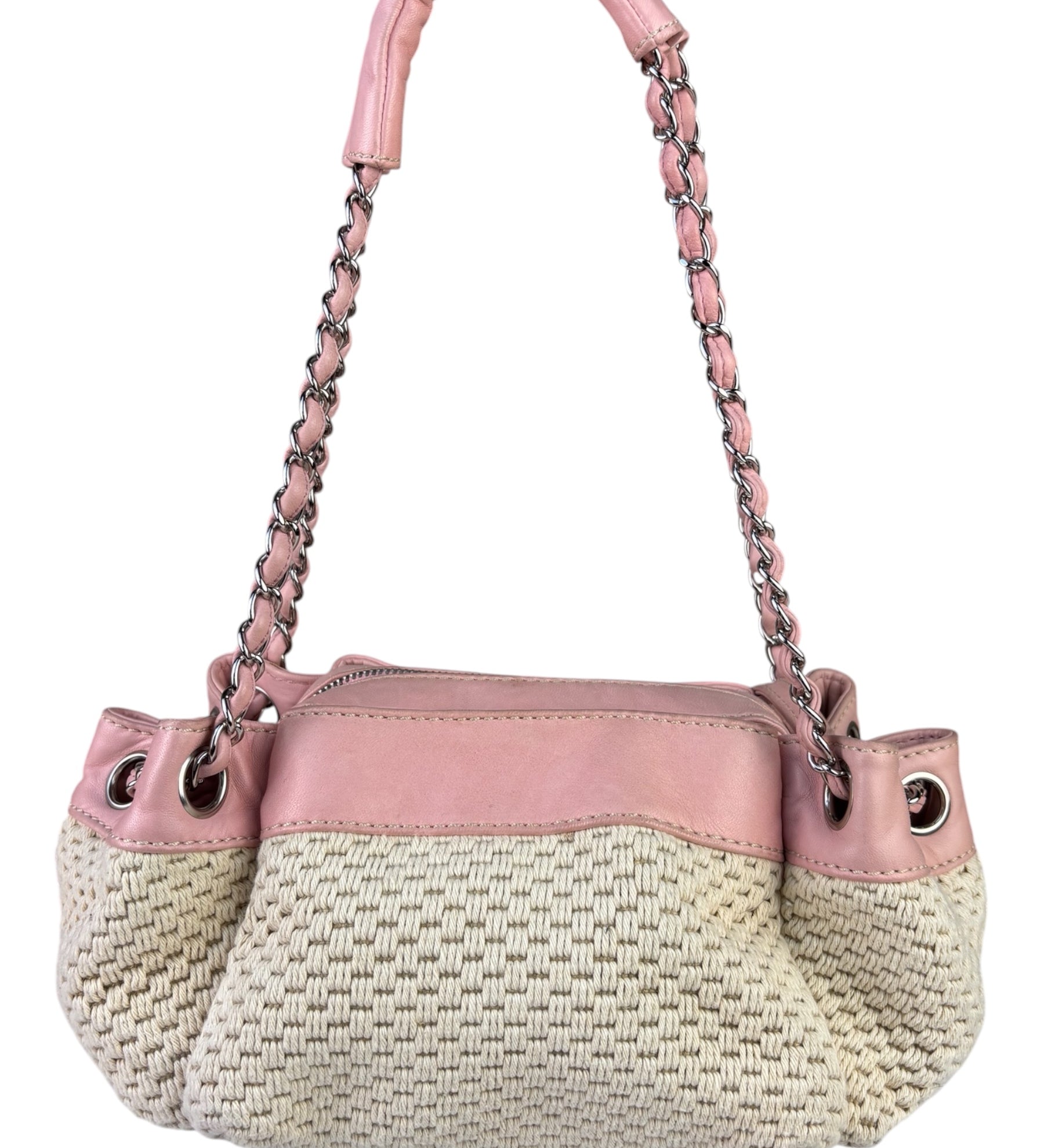 Chanel Pink Lambskin Trim Woven Lax Accordion Shoulder Bag 1997