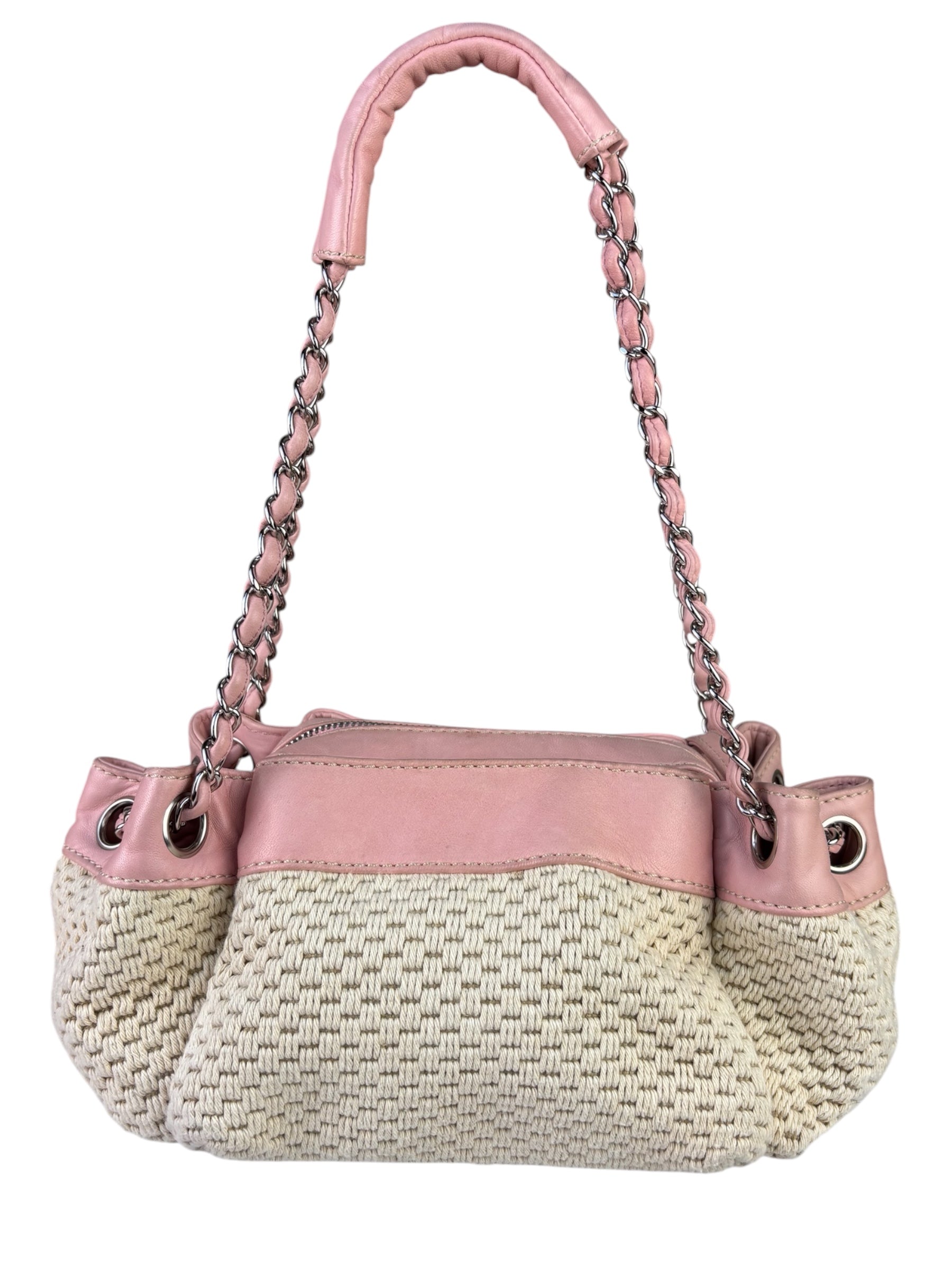 Chanel Pink Lambskin Trim Woven Lax Accordion Shoulder Bag 1997