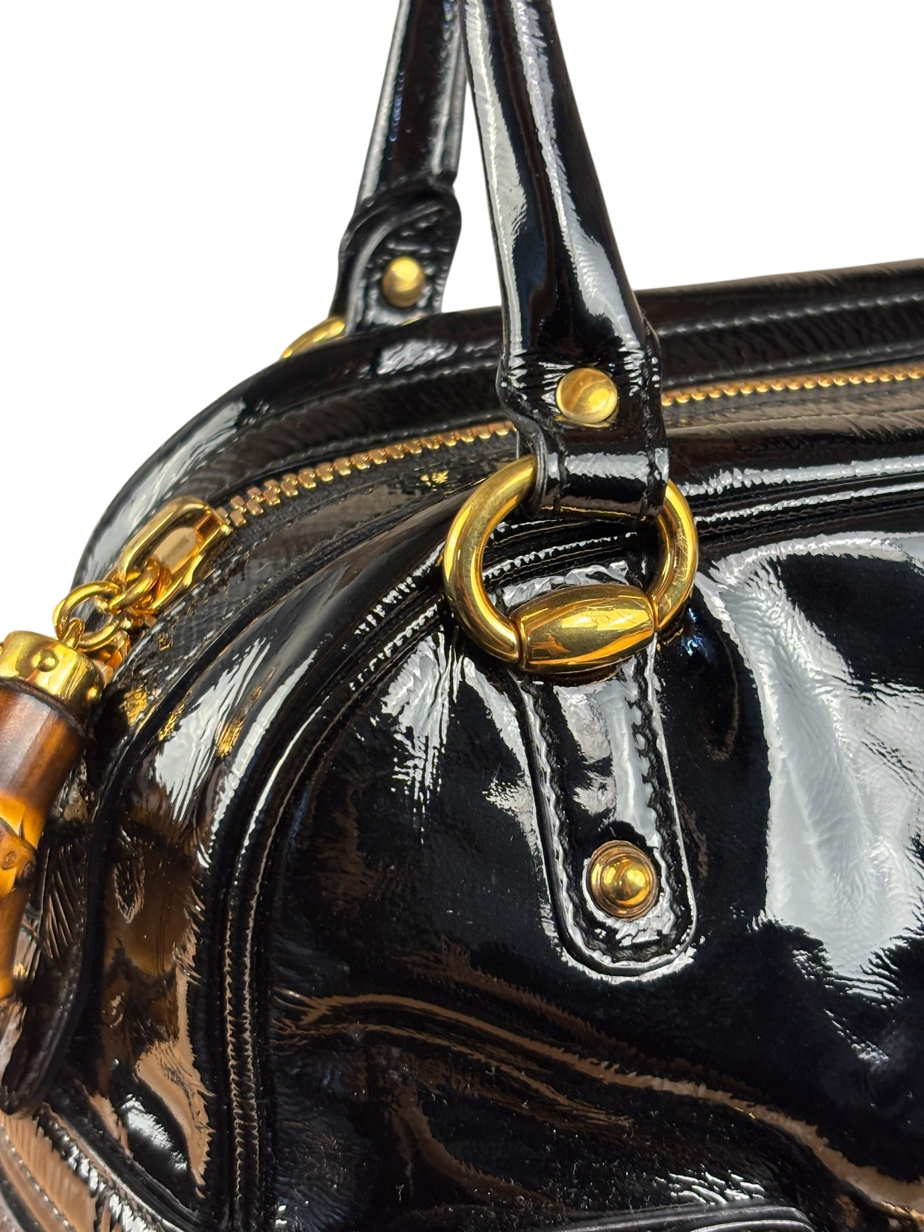Gucci Black Patent Leather Horsebit Wave Shoulder Bag