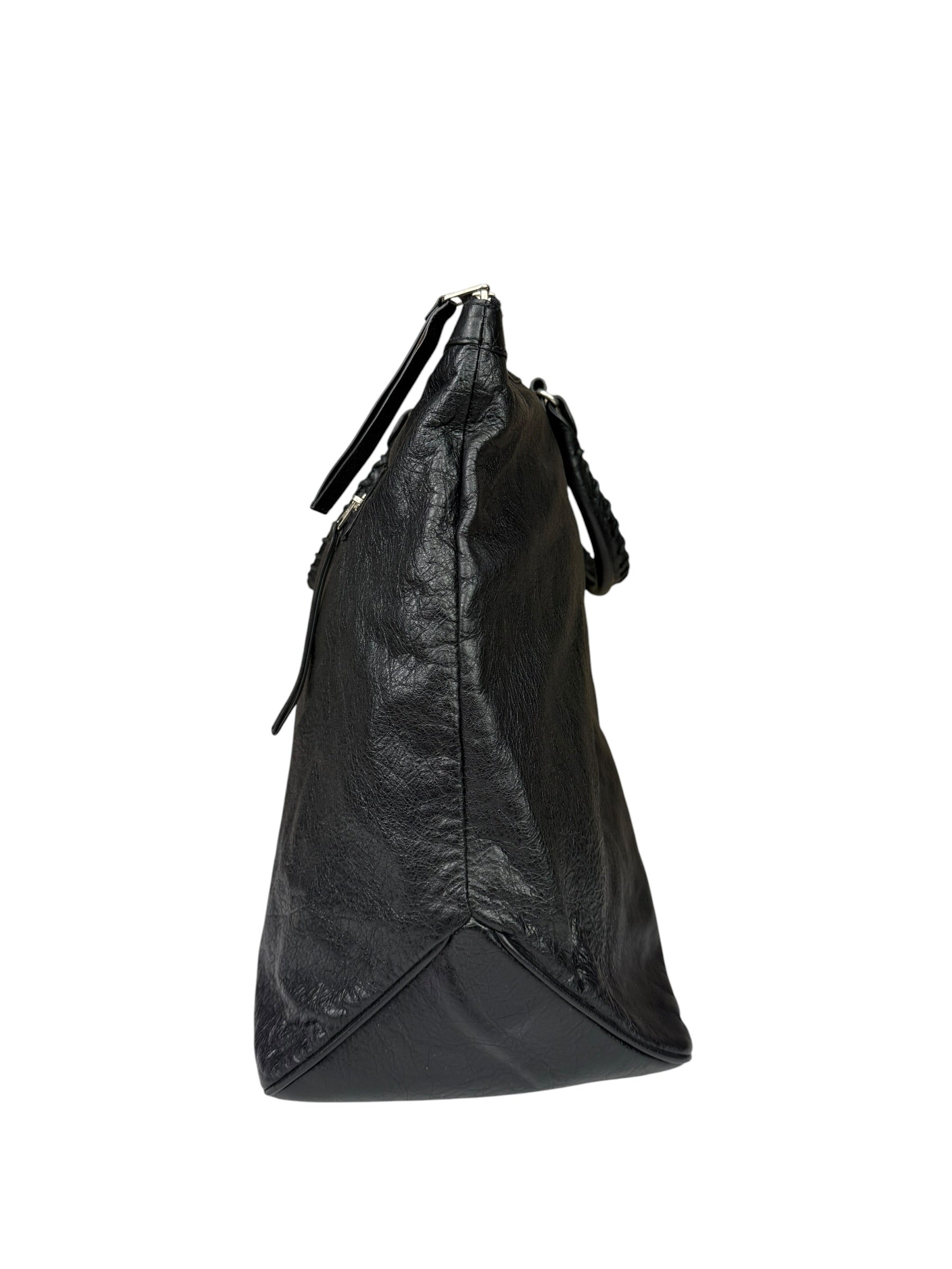 Balenciaga Black Leather Moto Bridge Zip Overnight Tote