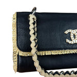 Chanel Black Leather Raffia Fringe CC Flap Shoulder Bag 2009