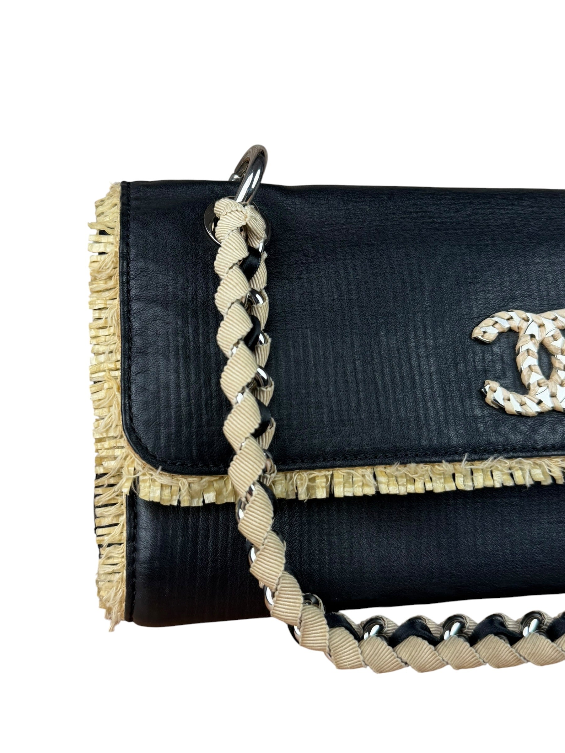 Chanel Black Leather Raffia Fringe CC Flap Shoulder Bag 2009