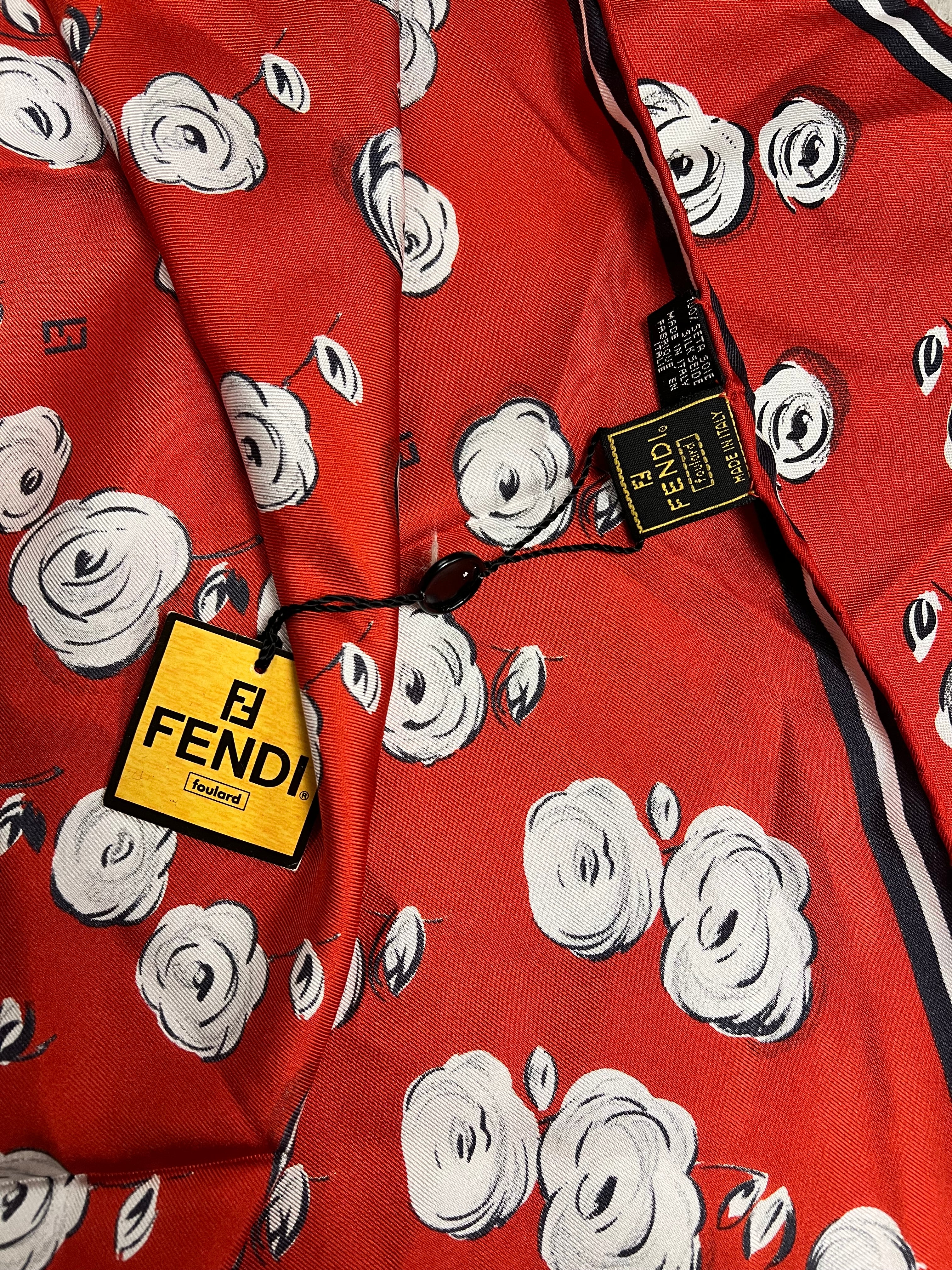Fendi Red Rose Patterned Silk Scarf