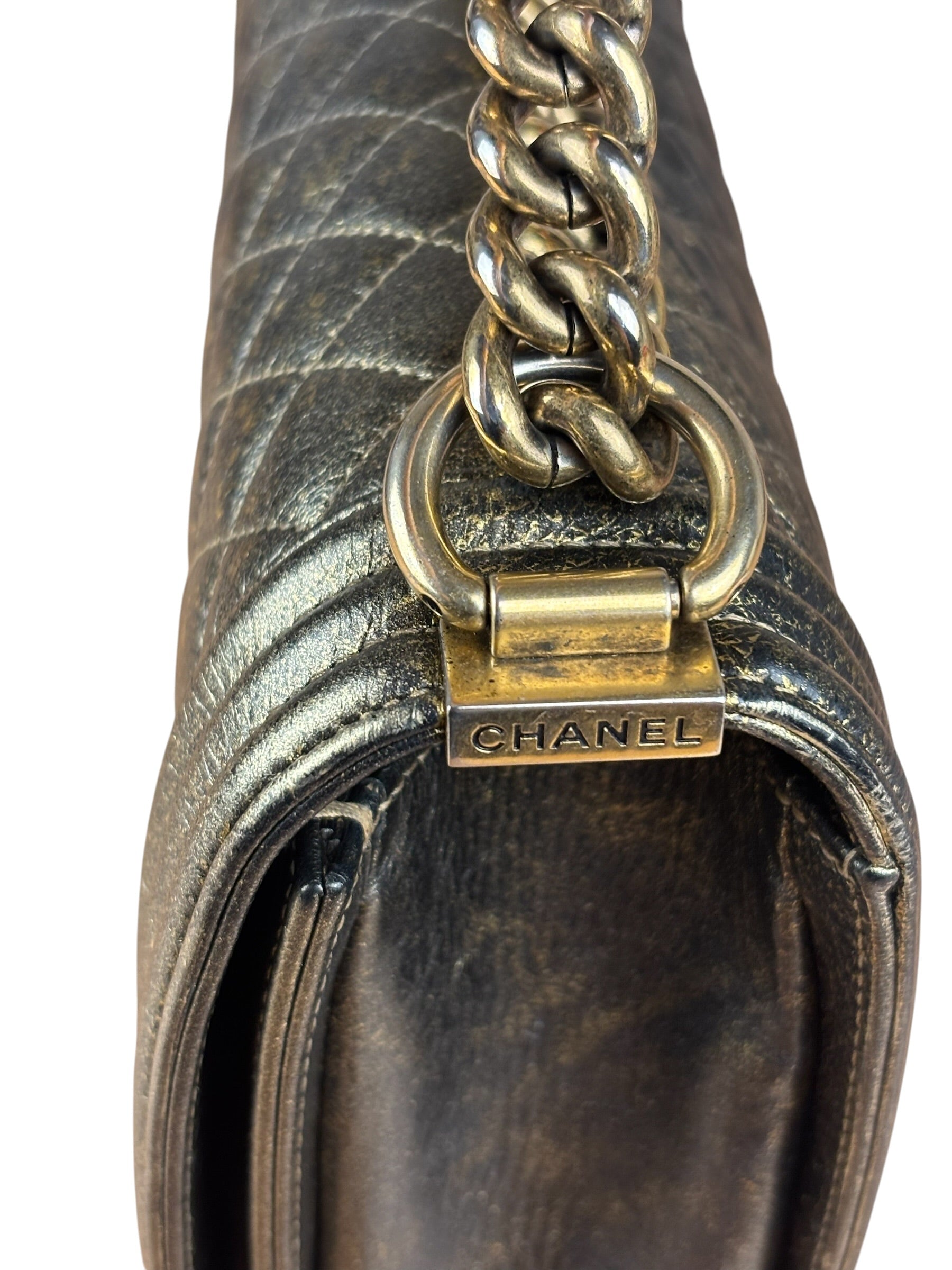 Chanel Metallic Dark Bronze Leather Old Medium Boy Flap Shoulder Bag