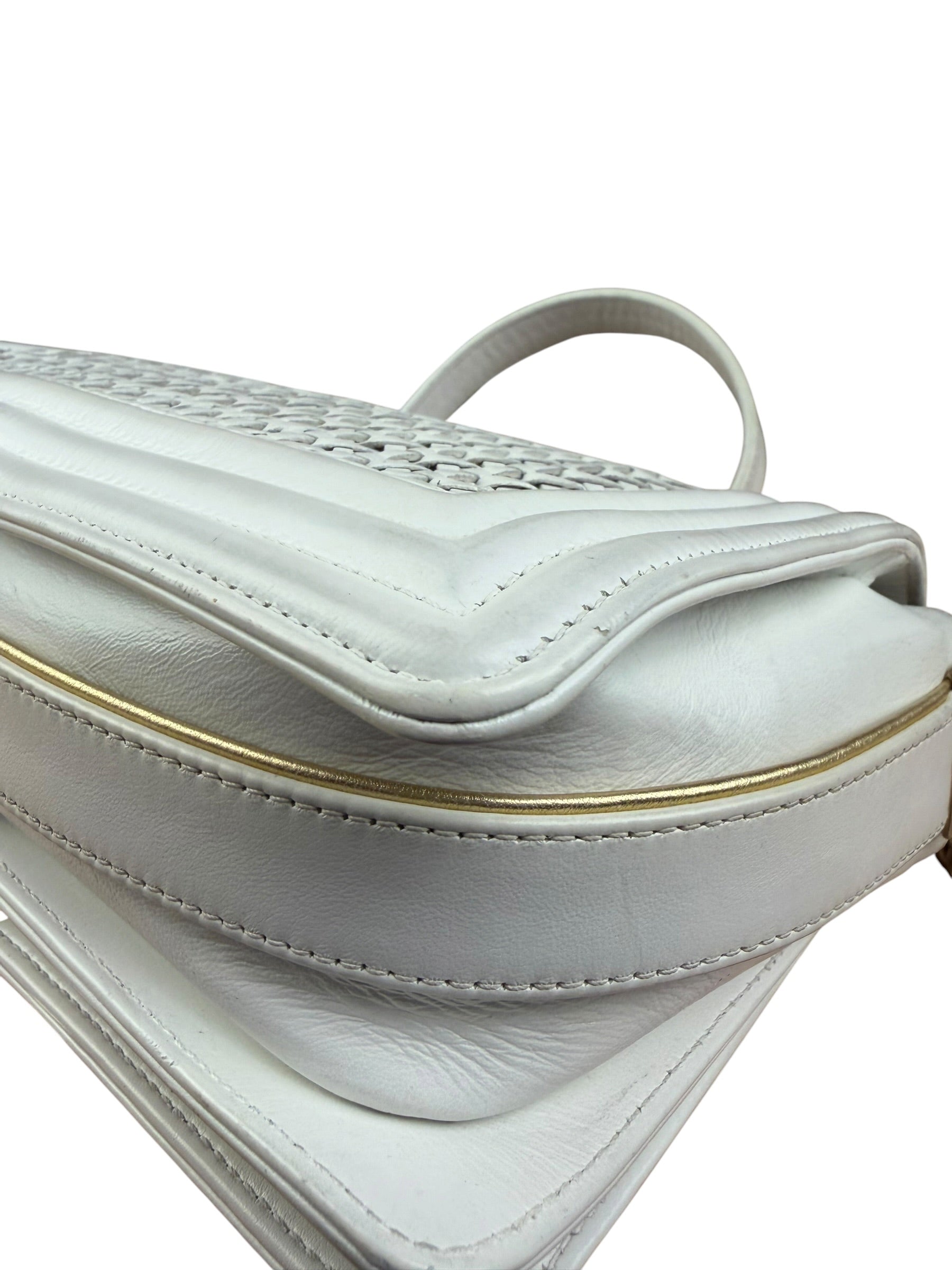 Chanel Vintage White Leather Braided Boy Shoulder Bag 1989