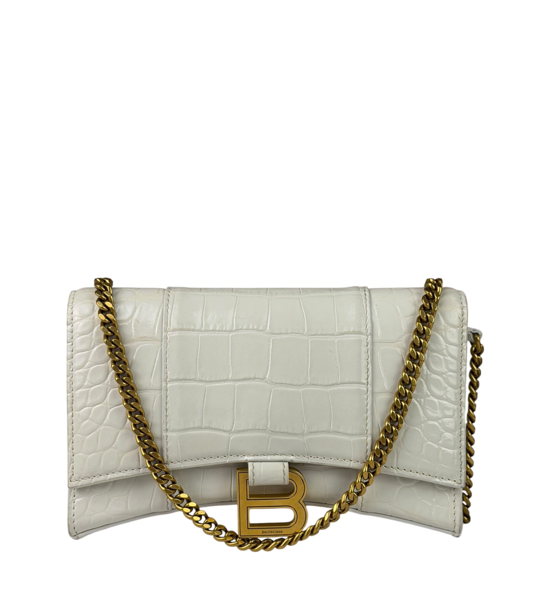 Balenciaga White Crocodile Embossed Hourglass Wallet On Chain