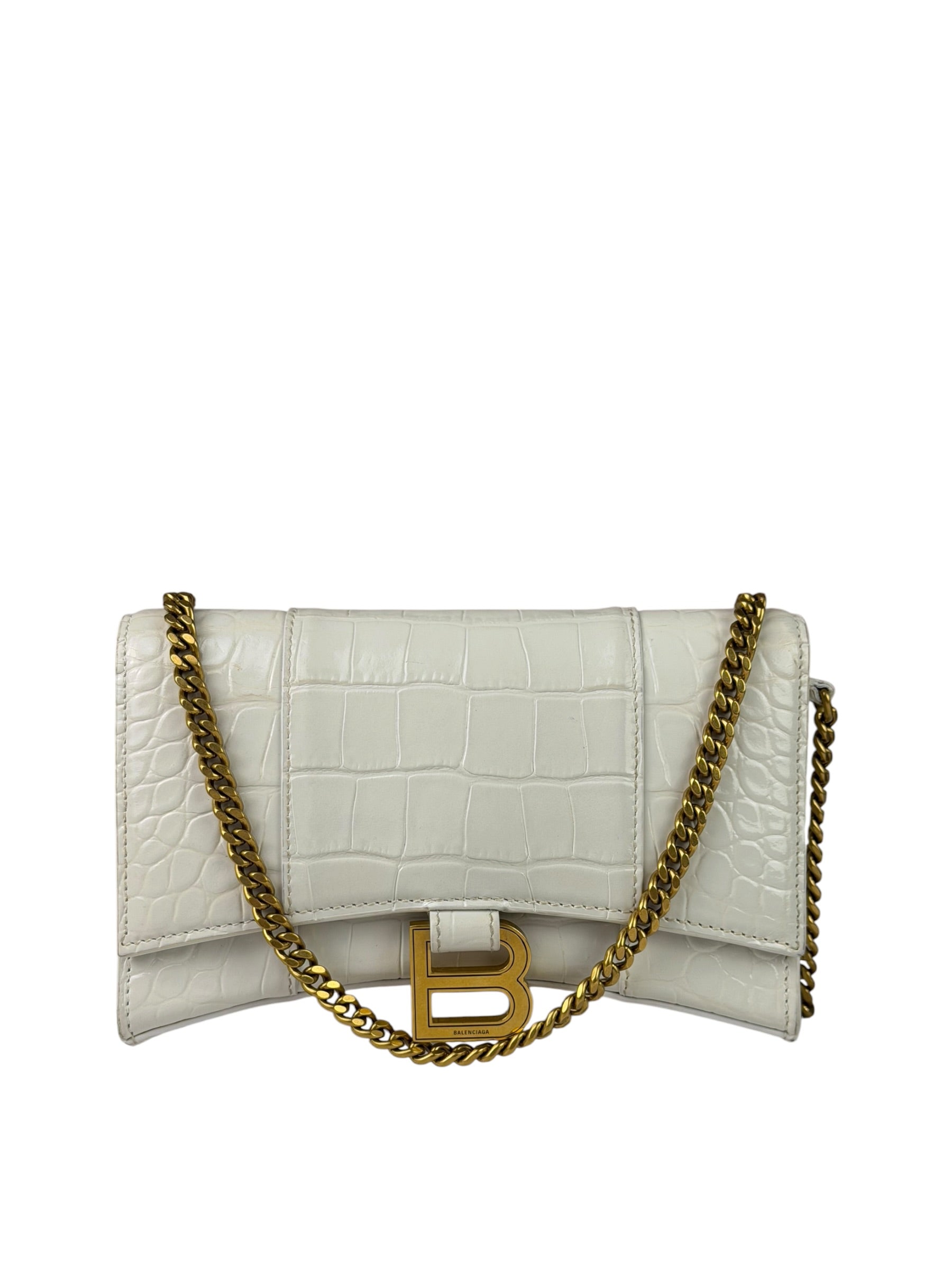 Balenciaga White Crocodile Embossed Hourglass Wallet On Chain