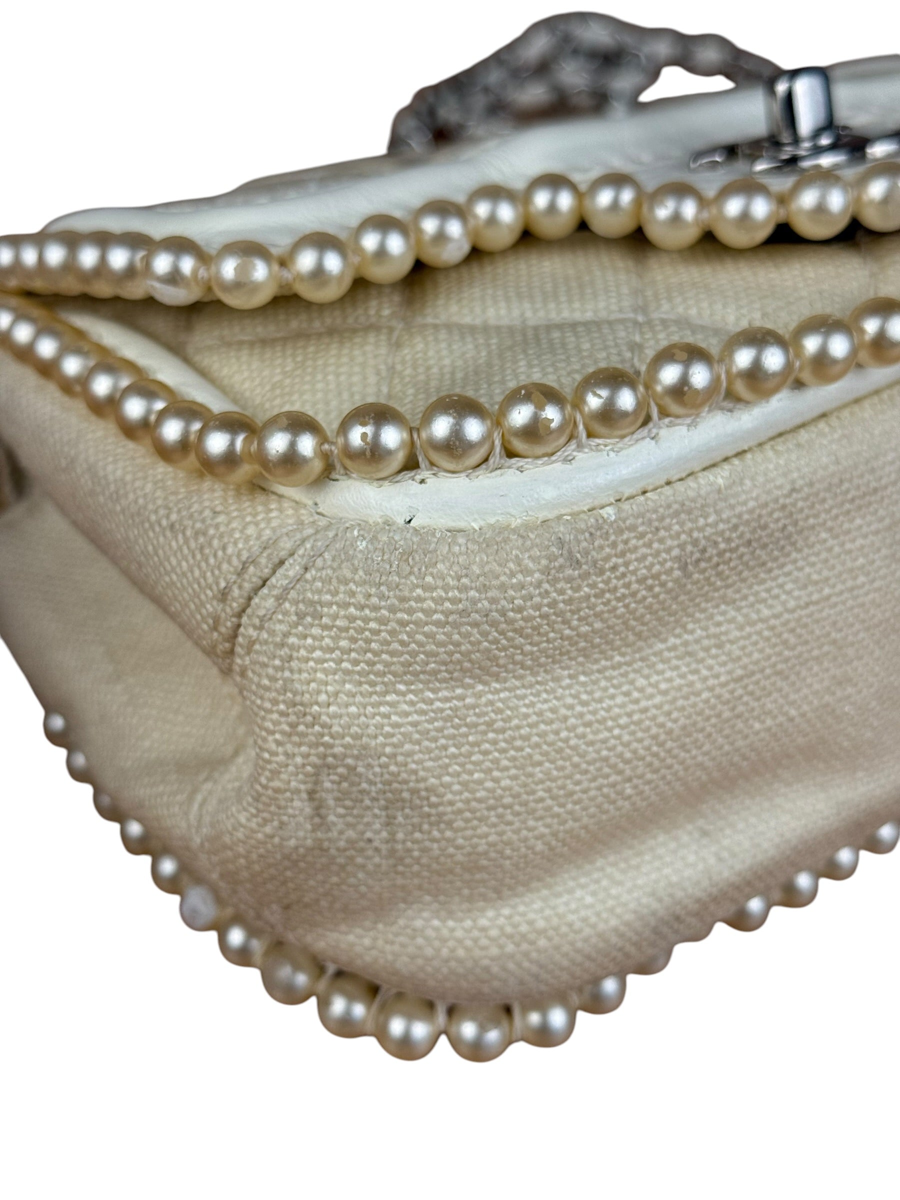 Chanel White Leather/Canvas Pearl Crossbody Flap 2003