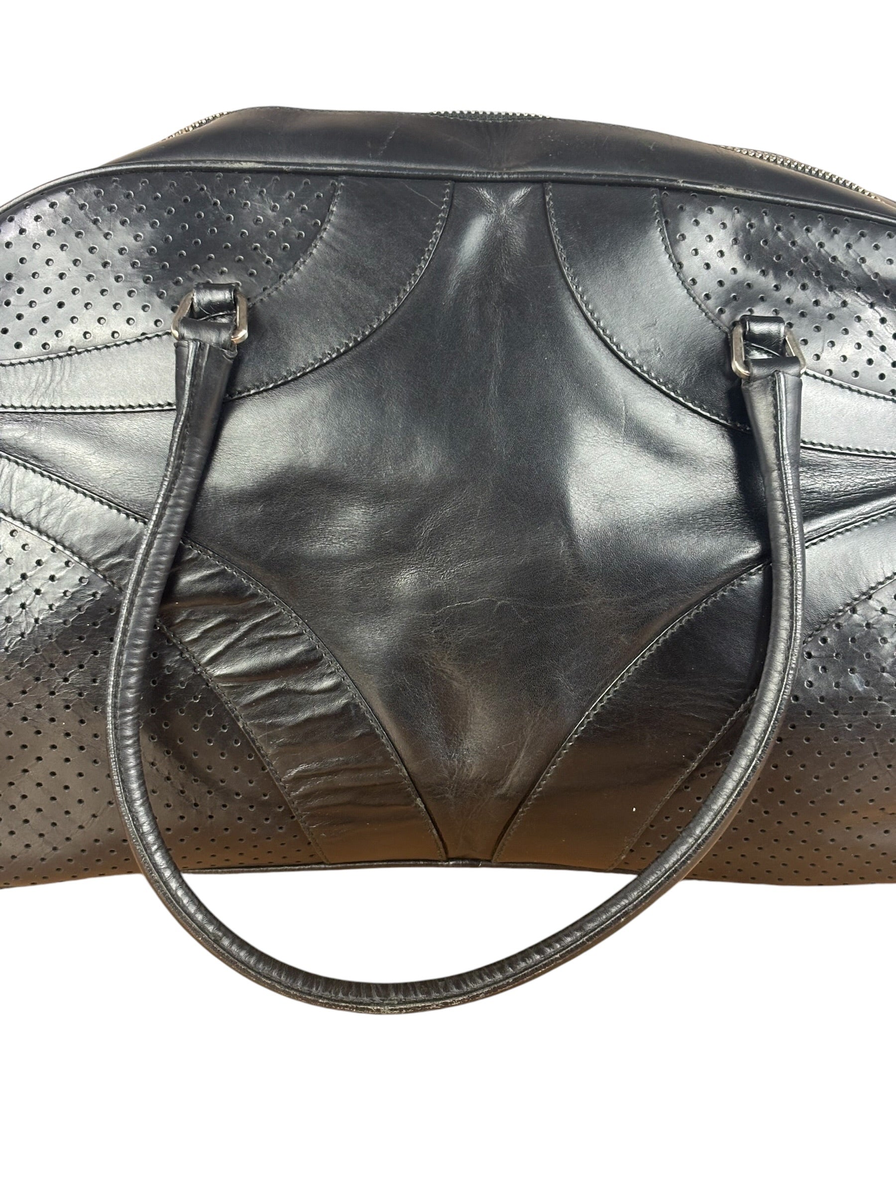 Prada Vintage Black Leather Vitello Drive Perforated Bowling Tote Bag