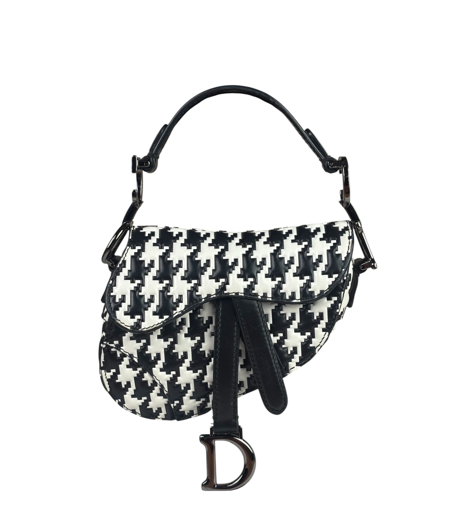 Christian Dior White/Black Leather Houndstooth Micro Saddle Bag