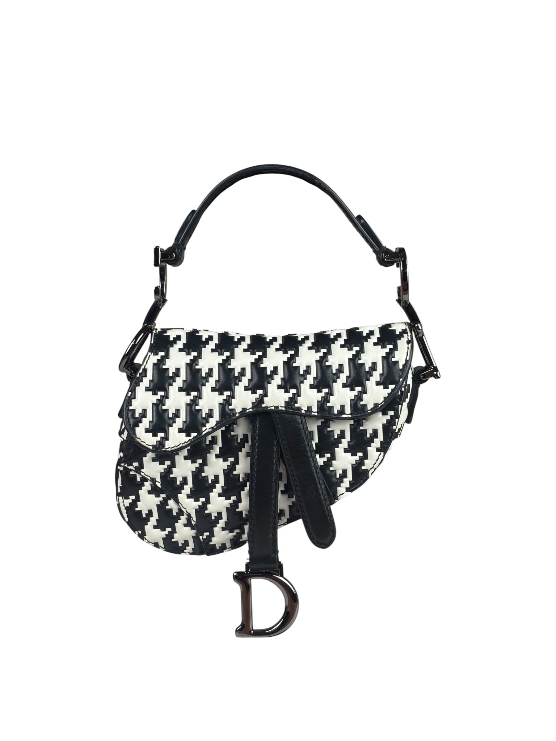 Christian Dior White/Black Leather Houndstooth Micro Saddle Bag