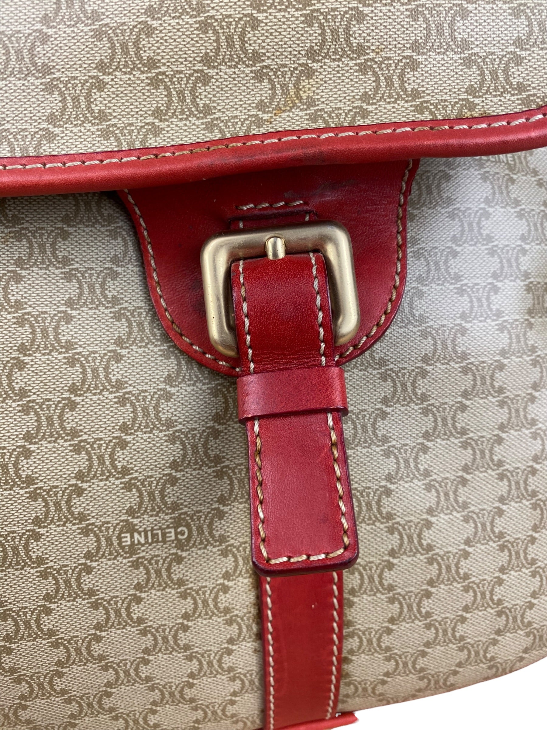Celine Vintage Macadam Print Red Lined Flap Messenger Bag