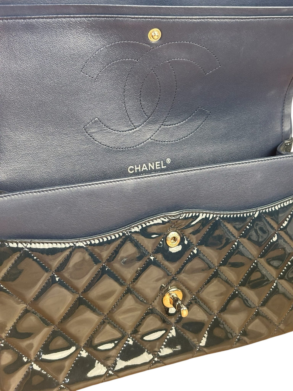 Chanel Dark Teal Quilted Patent M Double Flap 2013