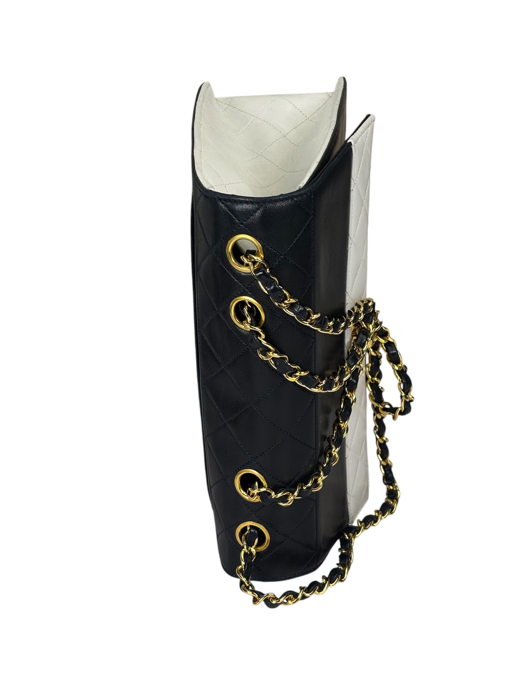 Chanel Vintage White/Black Quilted Lambskin Trapezoid Flap Bag 1990's