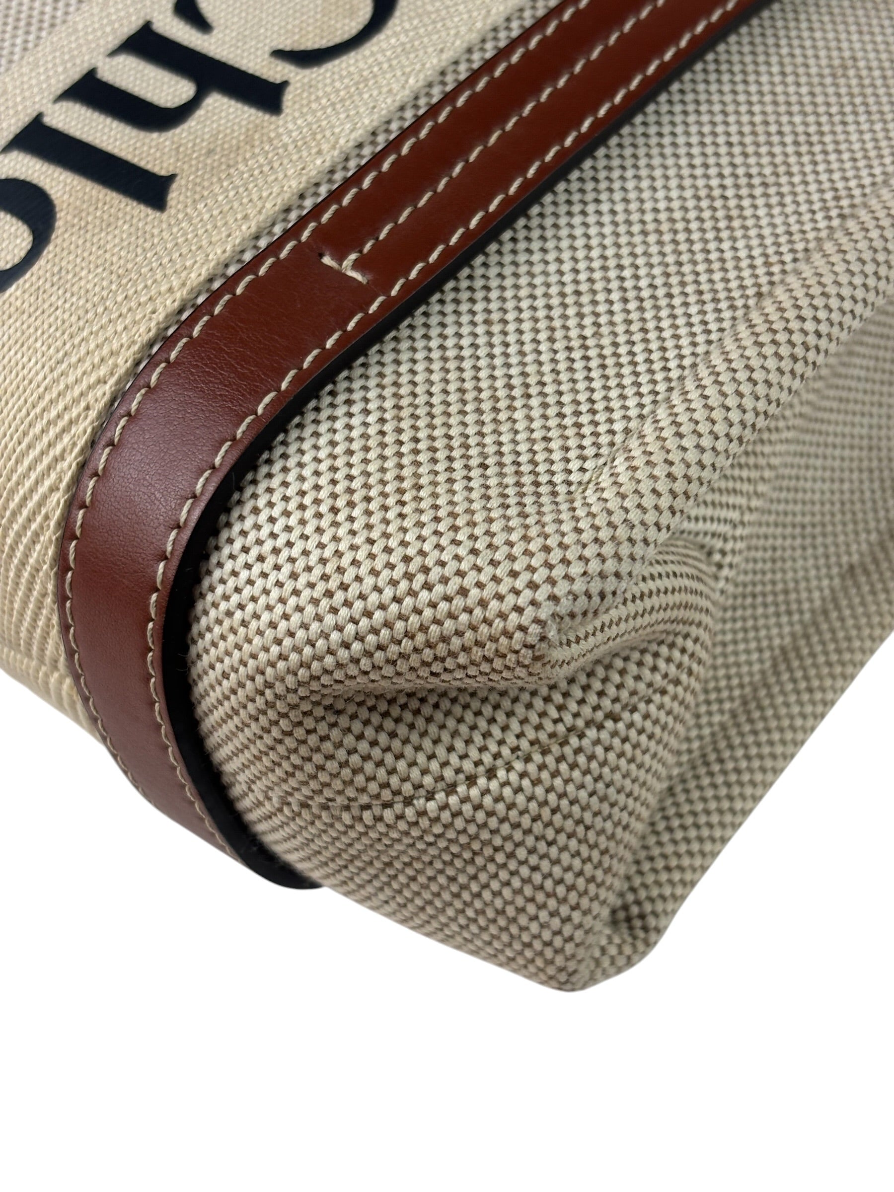Chloe Beige/Brown Leather Trim Small Woody Two-Way Tote