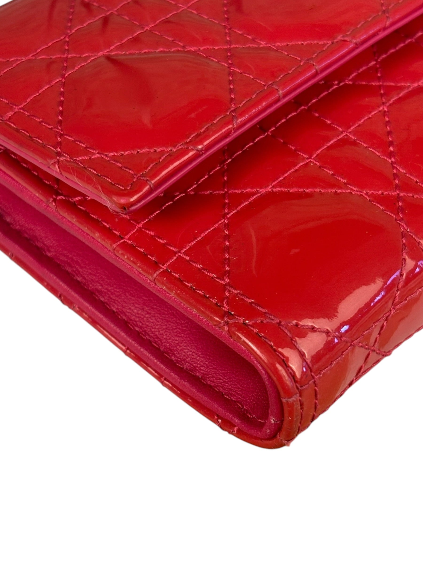 Christian Dior Cannage Red Patent Leather Wallet On Chain