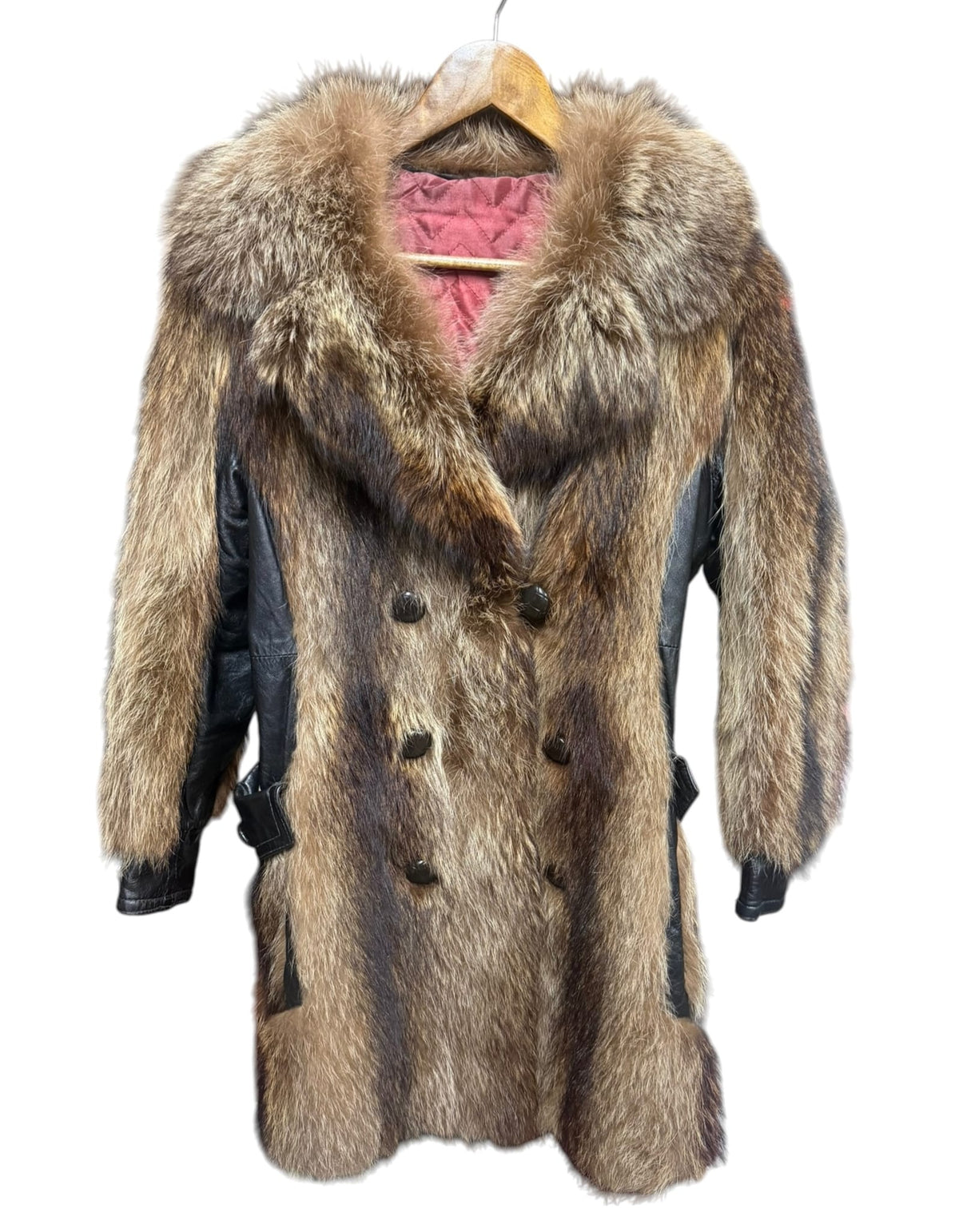 Vintage Brown Raccoon Fur Black Leather Peacoat