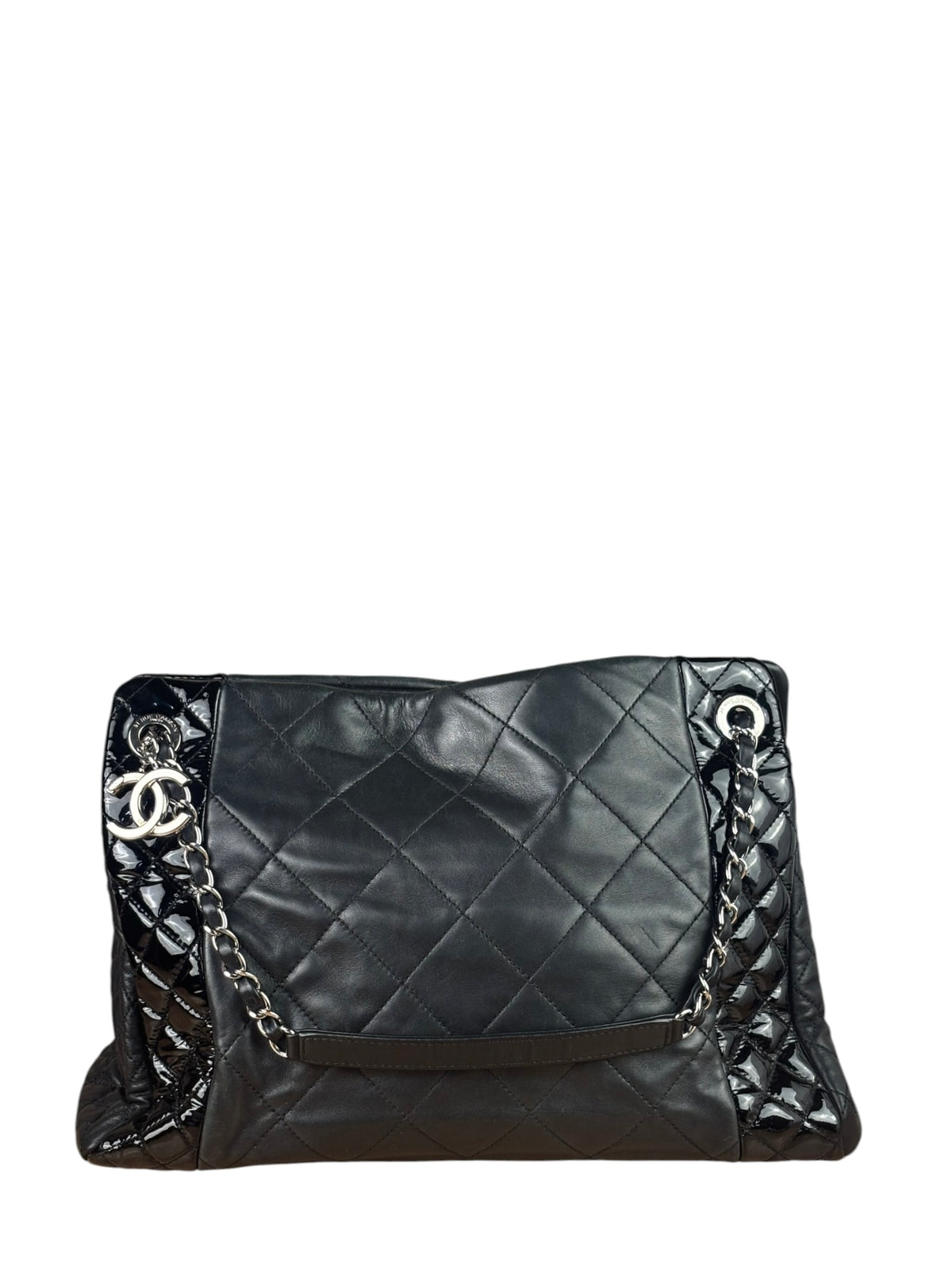 Chanel Black Quilted Patent Lambskin Trim Tote 2014