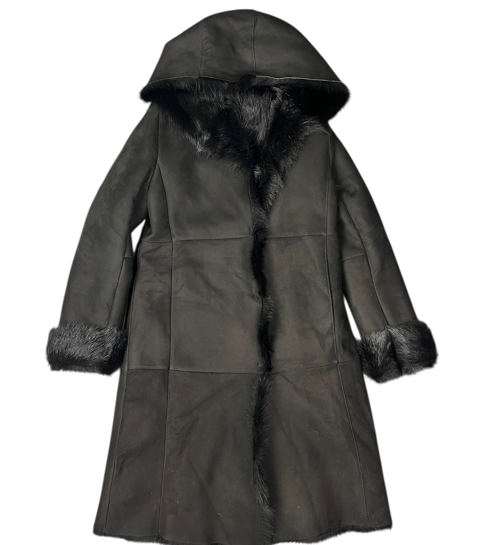 Vintage Black Fur Lined Suede Long Coat