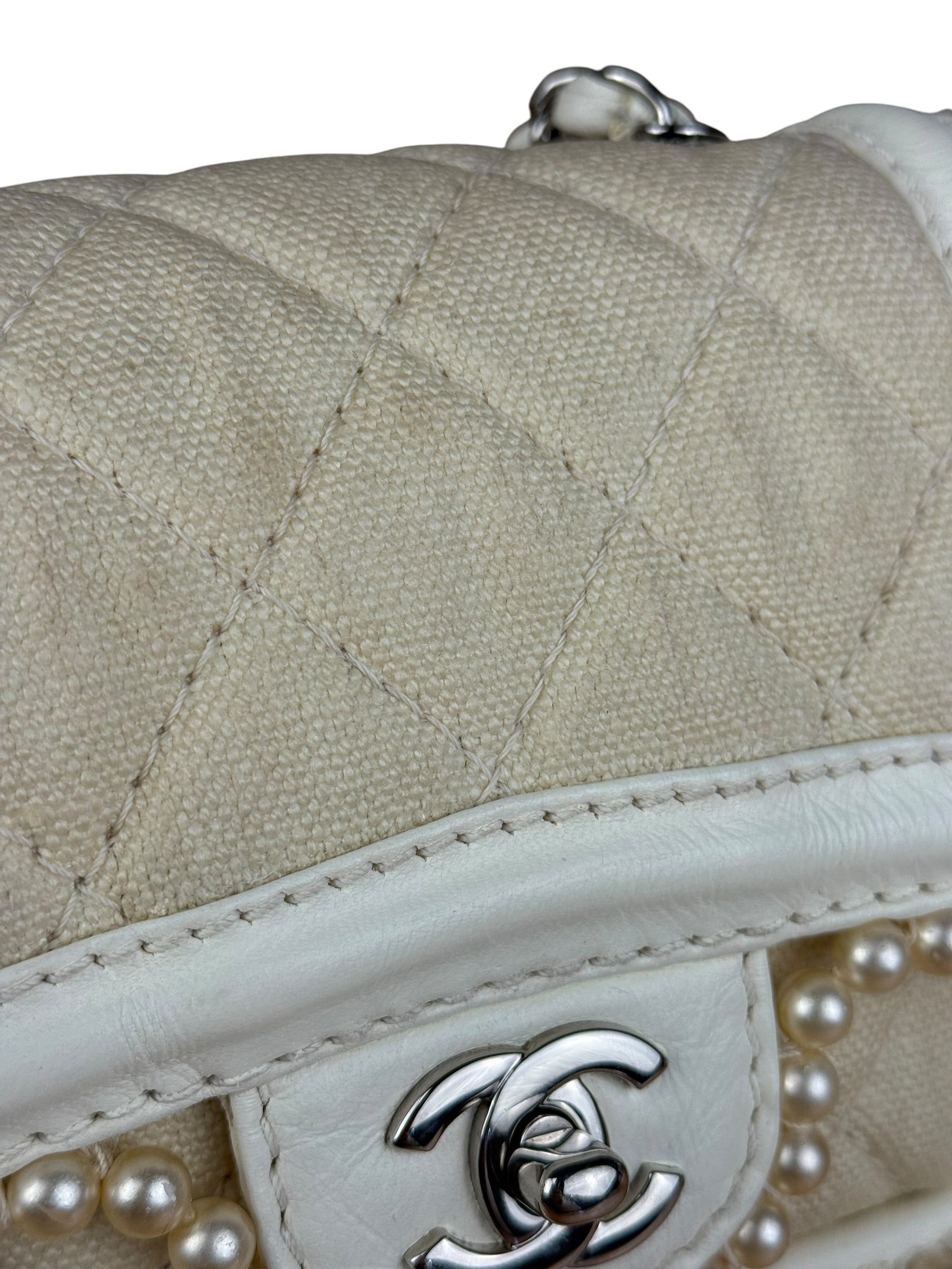 Chanel White Leather/Canvas Pearl Crossbody Flap 2003